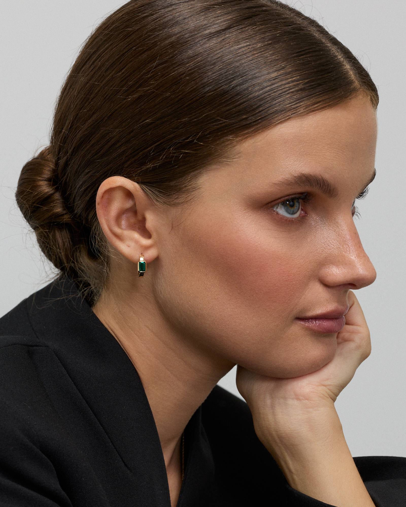 Created Emerald Bezel Huggie Earrings in 10kt Yellow Gold
