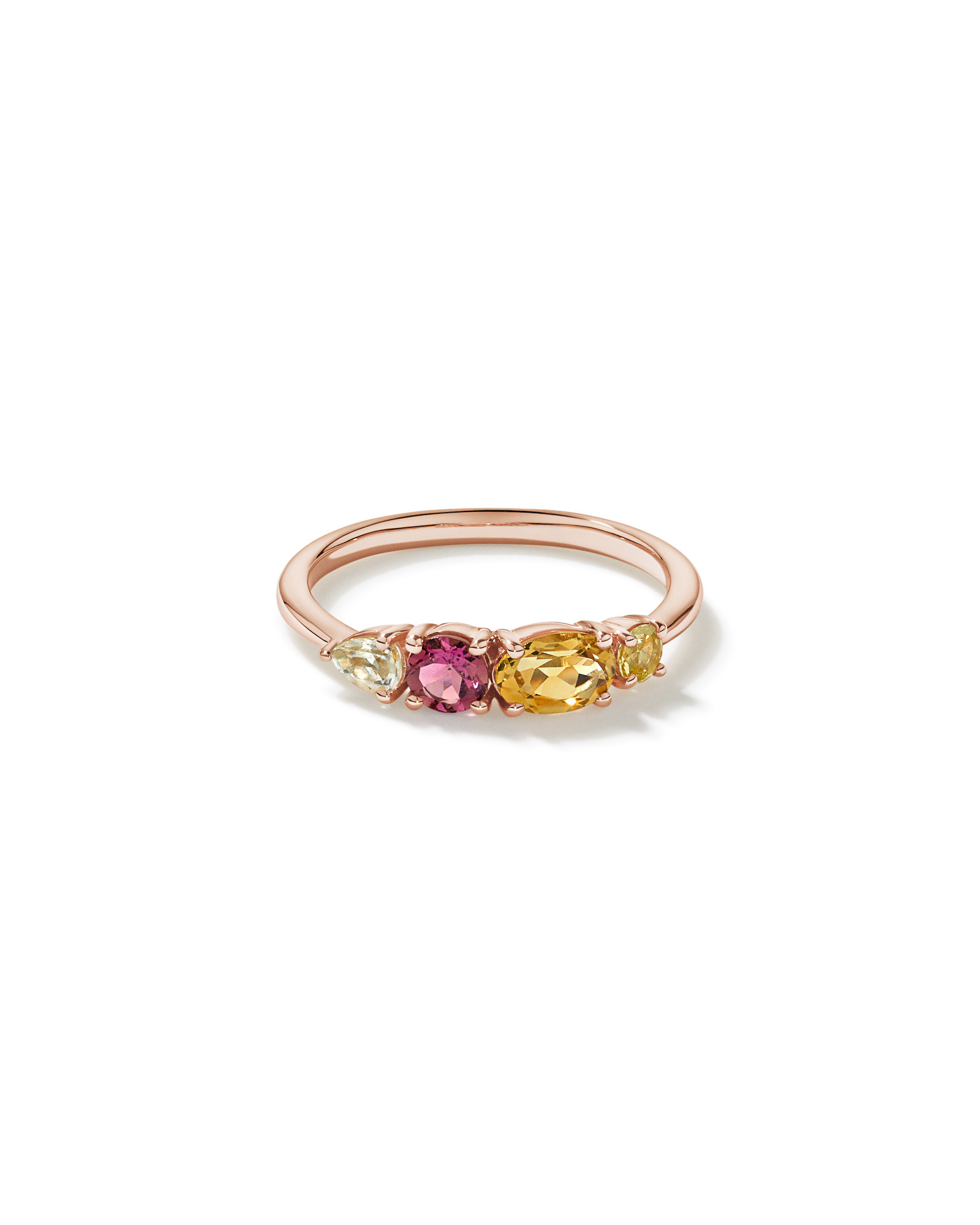 Anneau multi-gemmes en améthyste verte, tourmaline rose, citrine orange et quartz citron or rose 10 carats