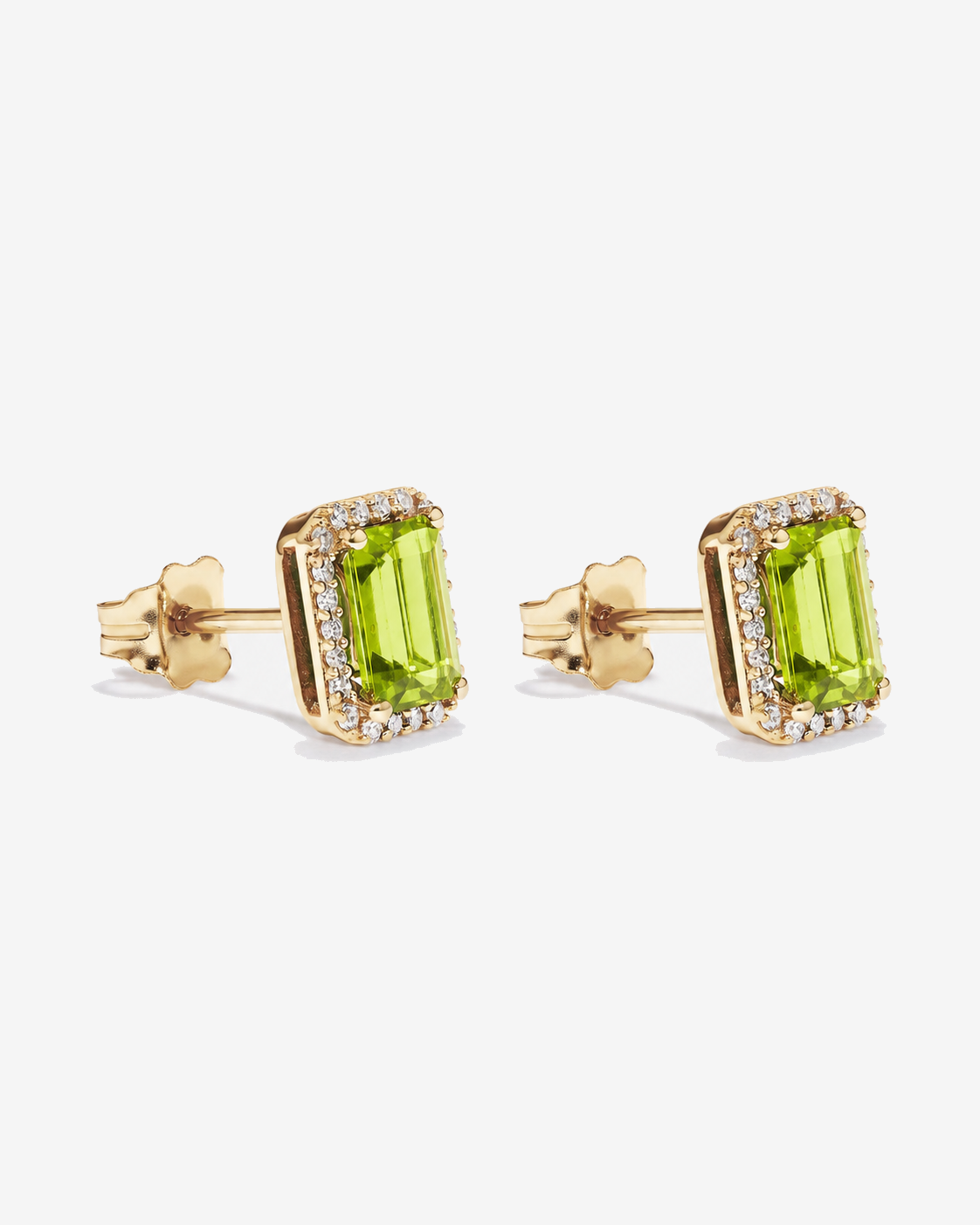 Emerald Cut Peridot and Diamond Halo Earrings in 10kt Yellow Gold