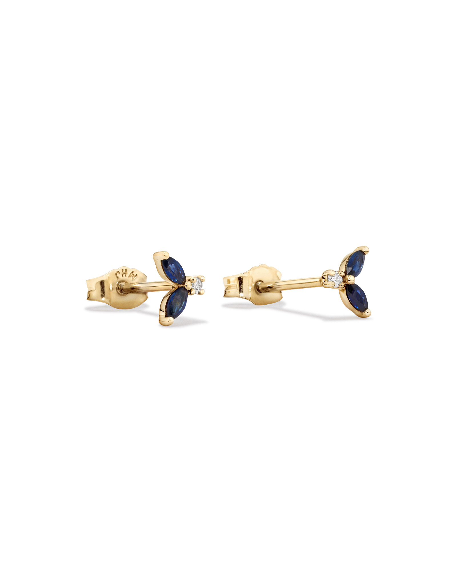 Boucles d'oreilles clous avec diamants ronds et pierres précieuses saphir bleu marquise en or jaune 10 carats