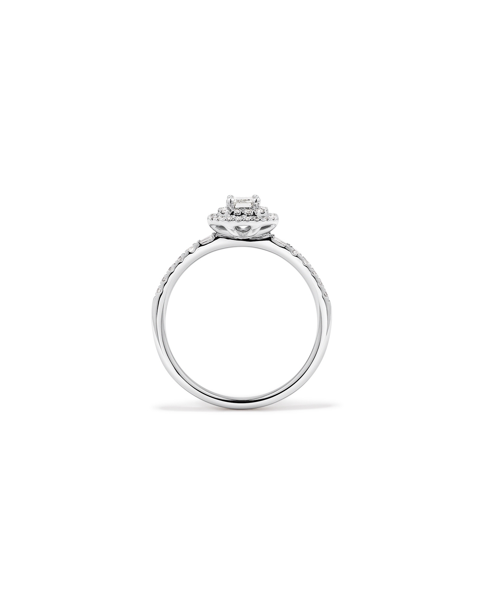 0.55 Carat TW Emerald Diamond Halo Baguette Side Accent Engagement Ring in 14kt White Gold