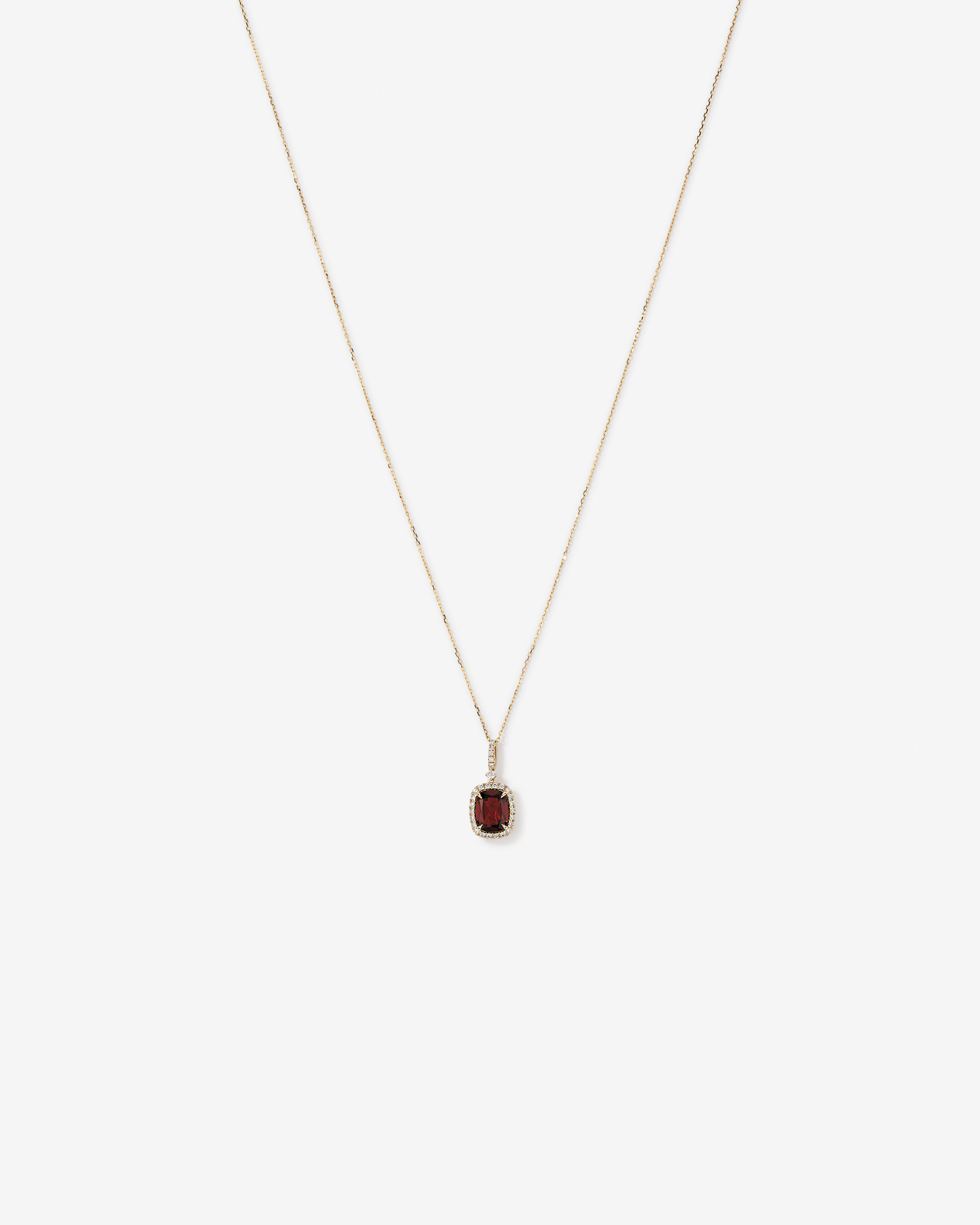 Cushion Cut Red Garnet Gemstone and Diamond Halo Pendant Necklace 10kt Yellow Gold