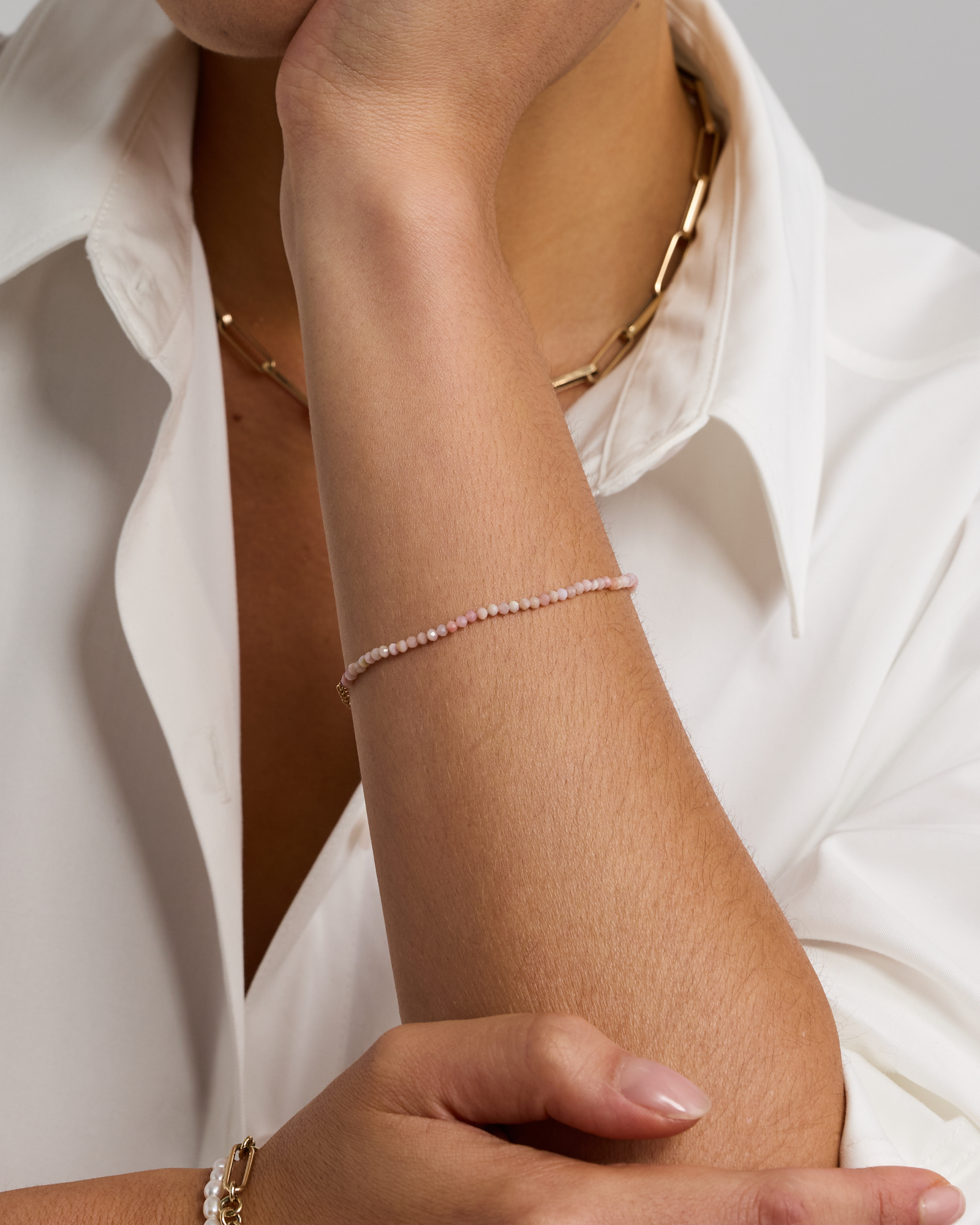 Pink Opal Bead Bracelet in 10kt Yellow Gold