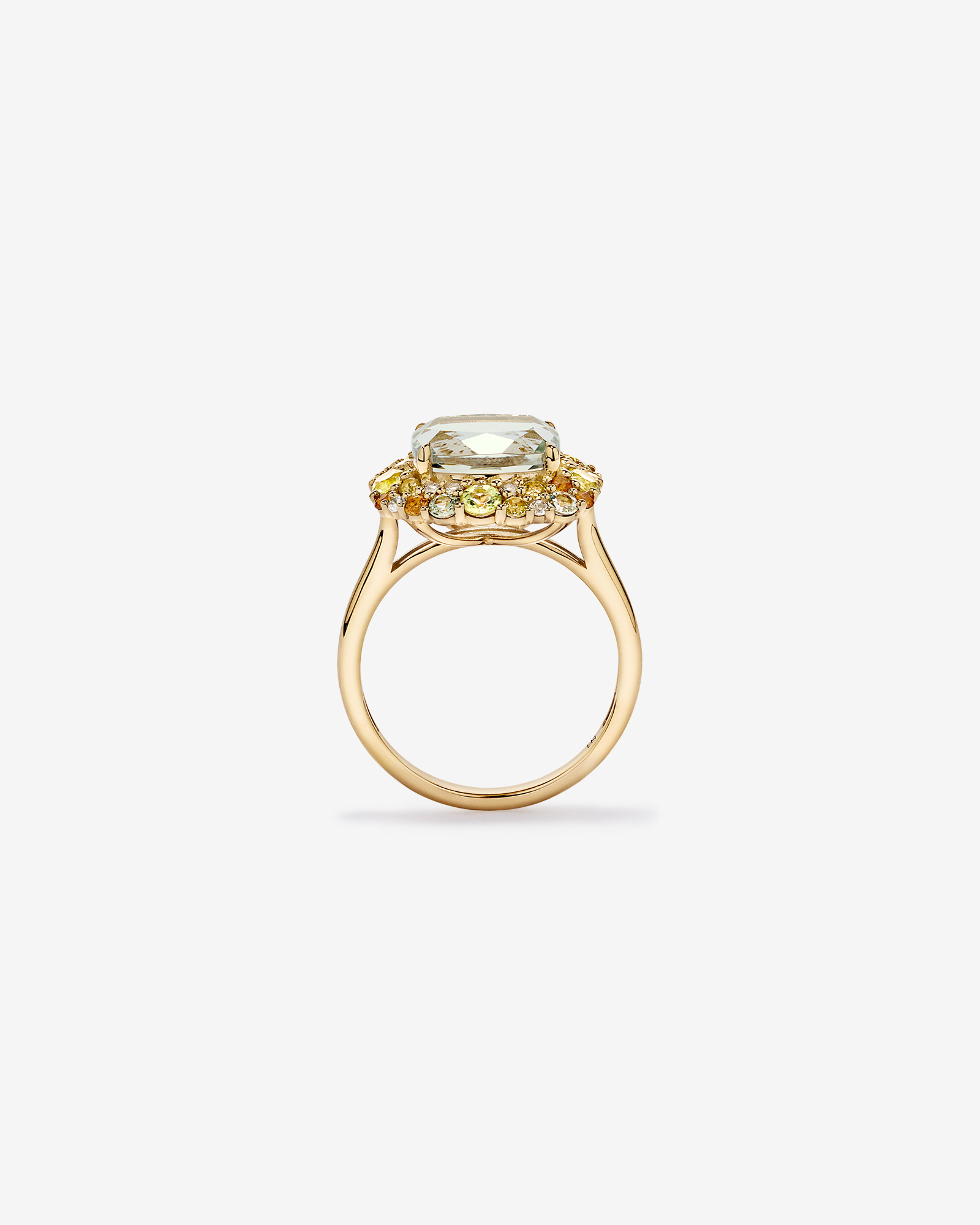 Green Amethyst, Peridot, Citrine & White Topaz Halo Ring 10kt Yellow Gold
