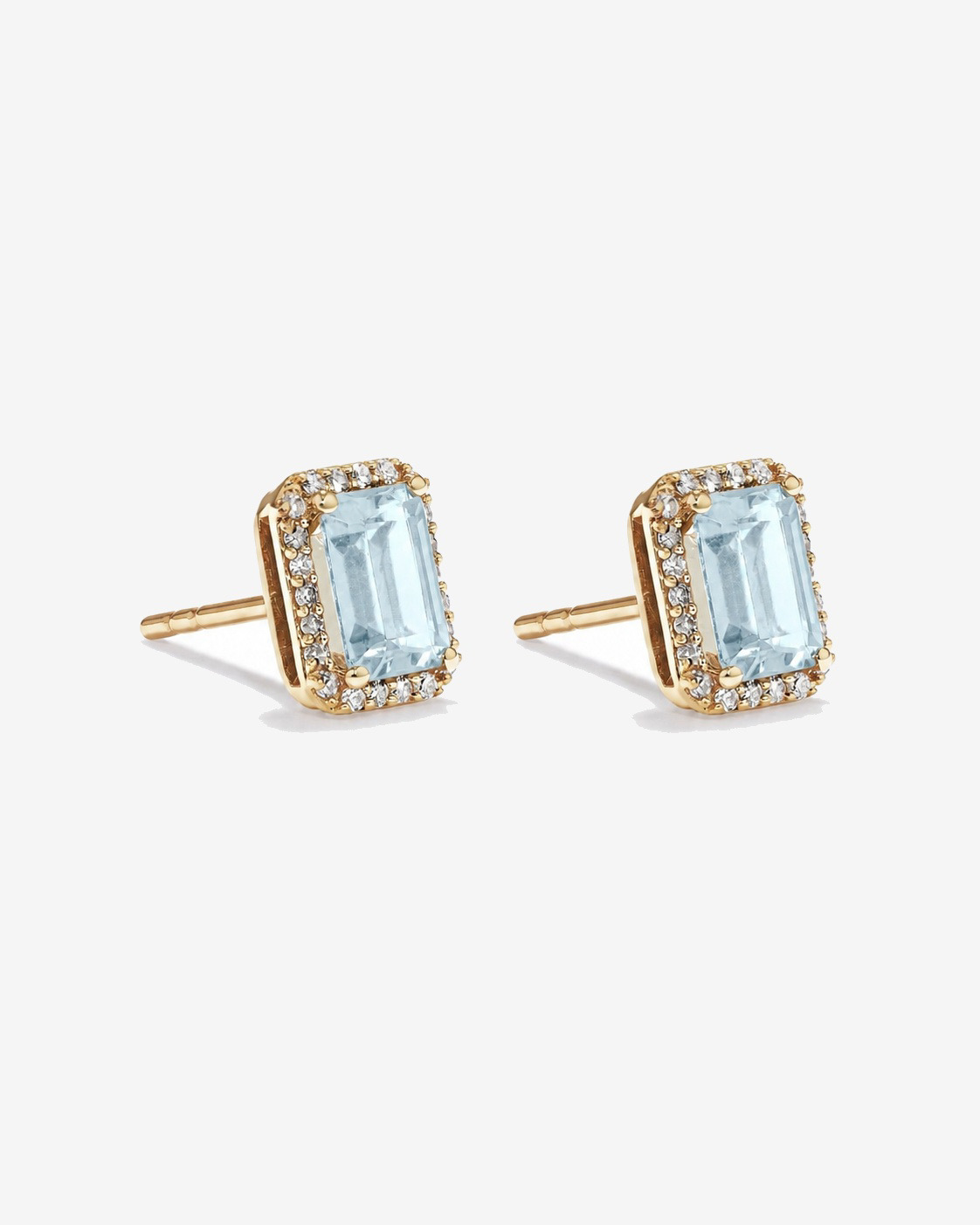 Boucles d'oreilles halo Aigue-marine taille émeraude avec diamants en or jaune 10 ct