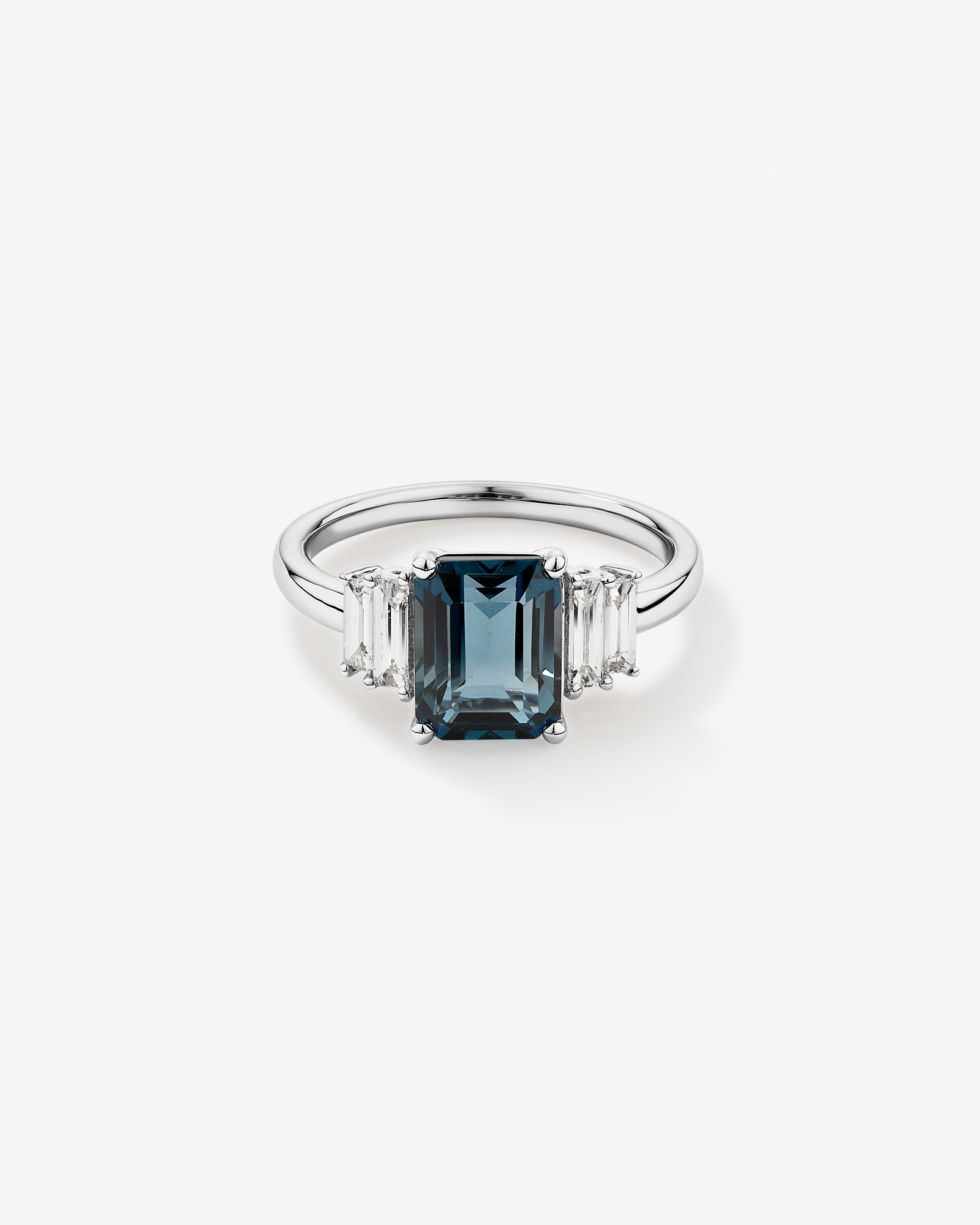 Emerald Cut London Blue Topaz Gemstone and 0.30 Carat TW Baguette Diamond Ring in 14kt White Gold