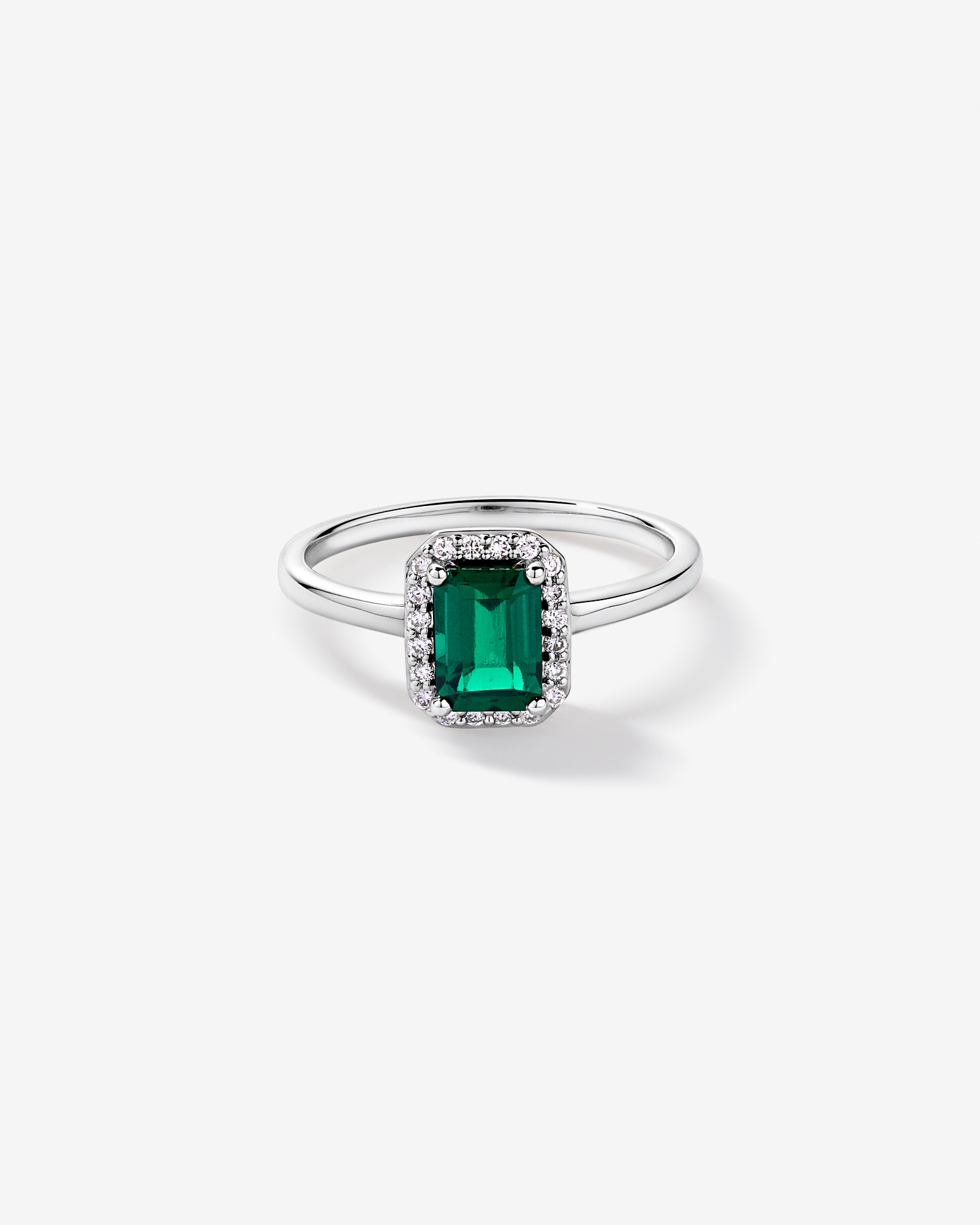 Created Emerald & 0.10TW Laboratory-Grown Diamond Halo Ring 10kt Yellow Gold and Rhodium