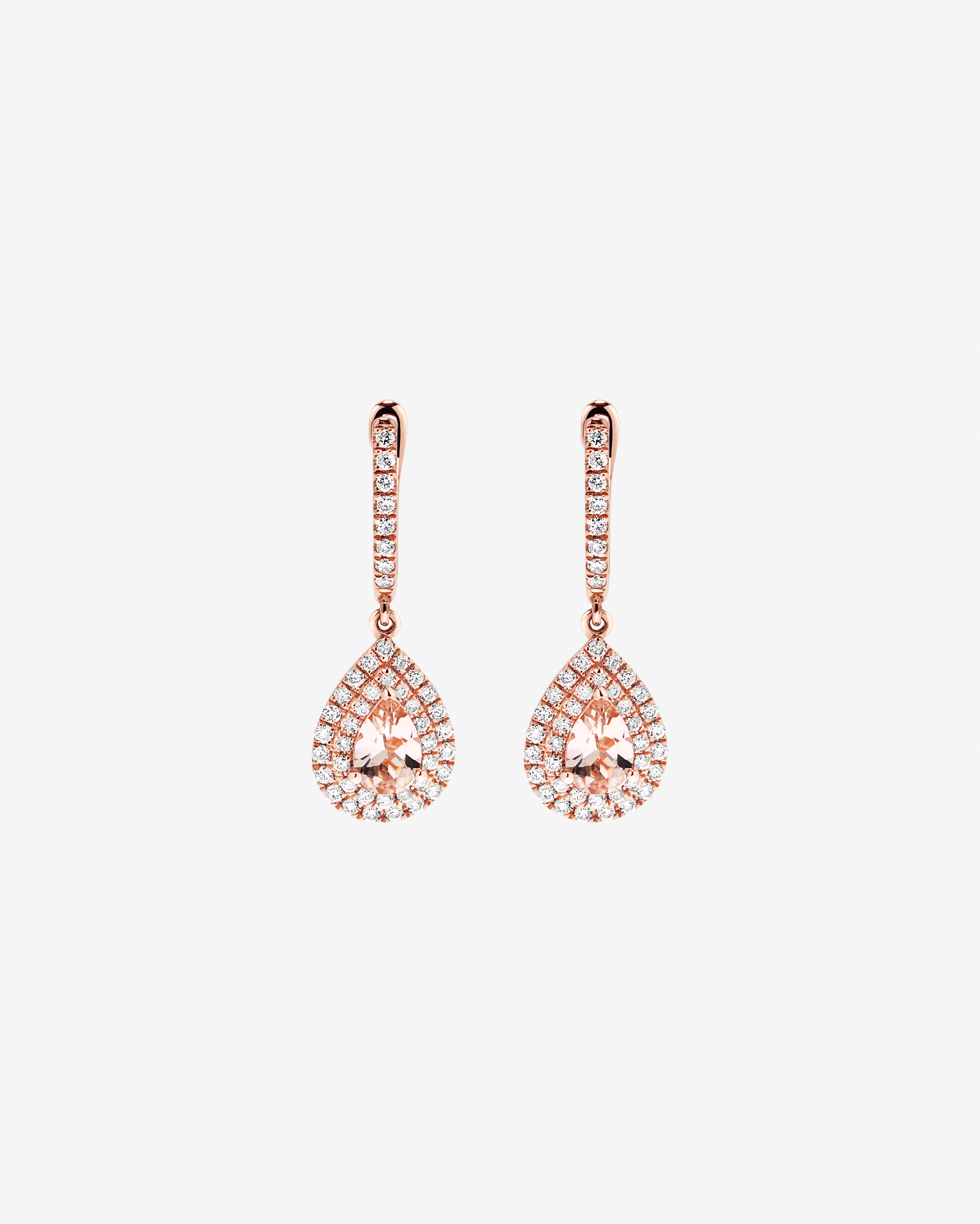 Pear Cut Morganite Gemstone and 0.40 Carat TW Diamond Halo Huggie Drop Earrings in 10kt Rose Gold