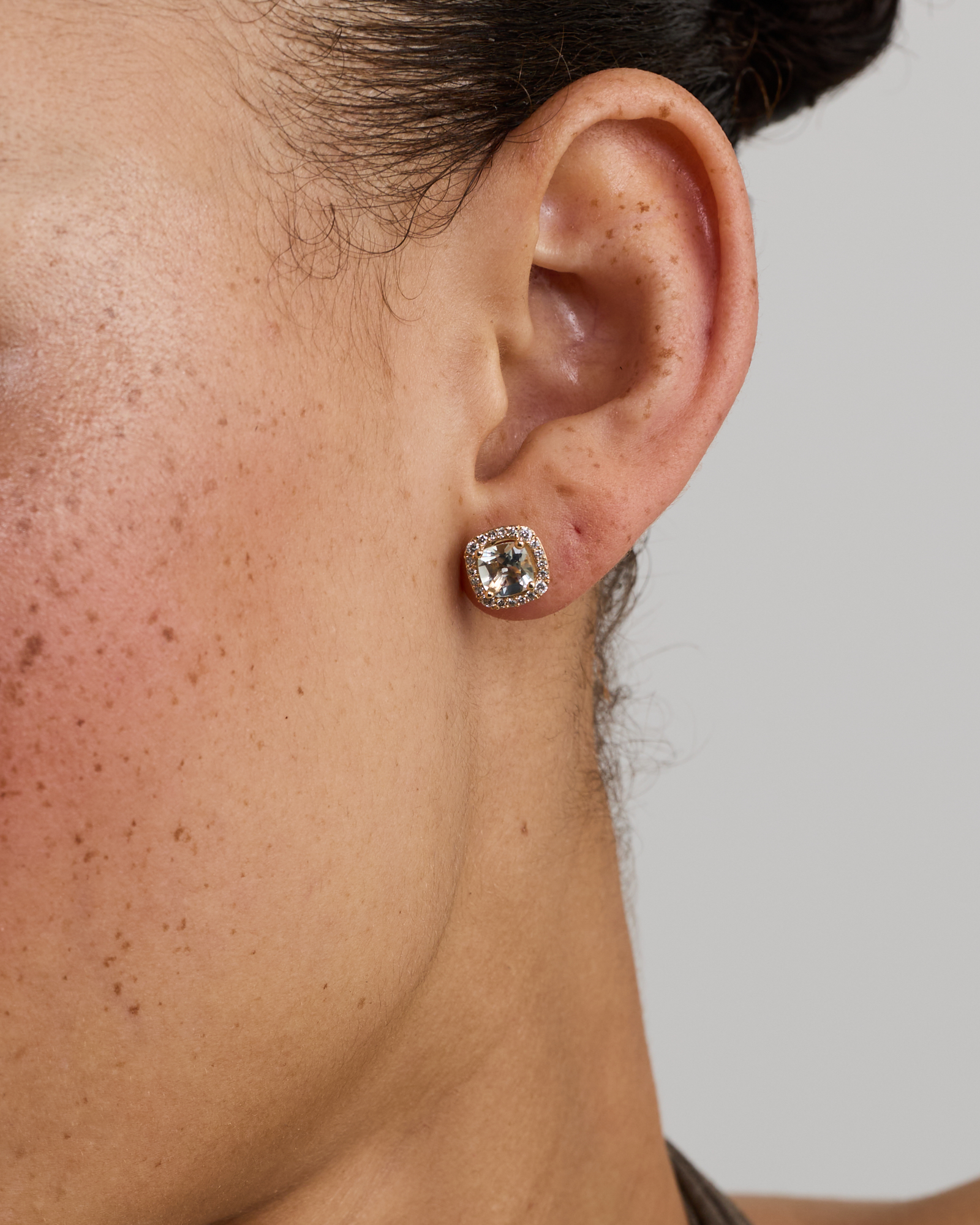 Cushion Cut Green Amethyst Gemstone and 0.32 Carat TW Diamond Halo Stud Earrings in 10kt Yellow Gold