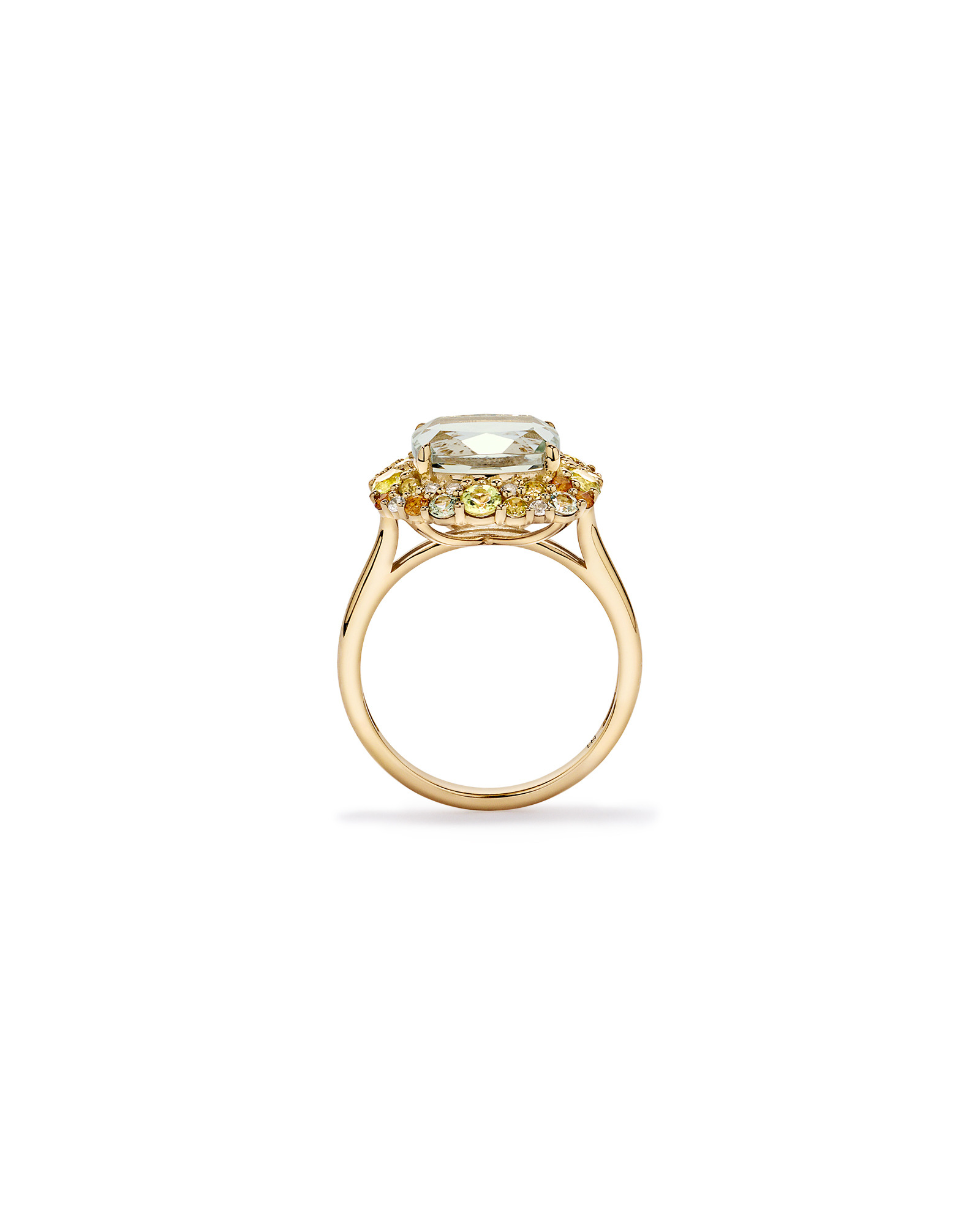 Green Amethyst, Peridot, Citrine & White Topaz Halo Ring 10kt Yellow Gold
