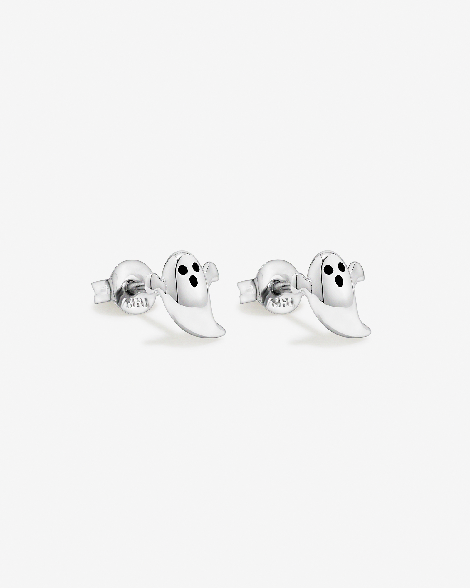 Ghost Halloween Stud Earrings with Black Enamel in Sterling Silver