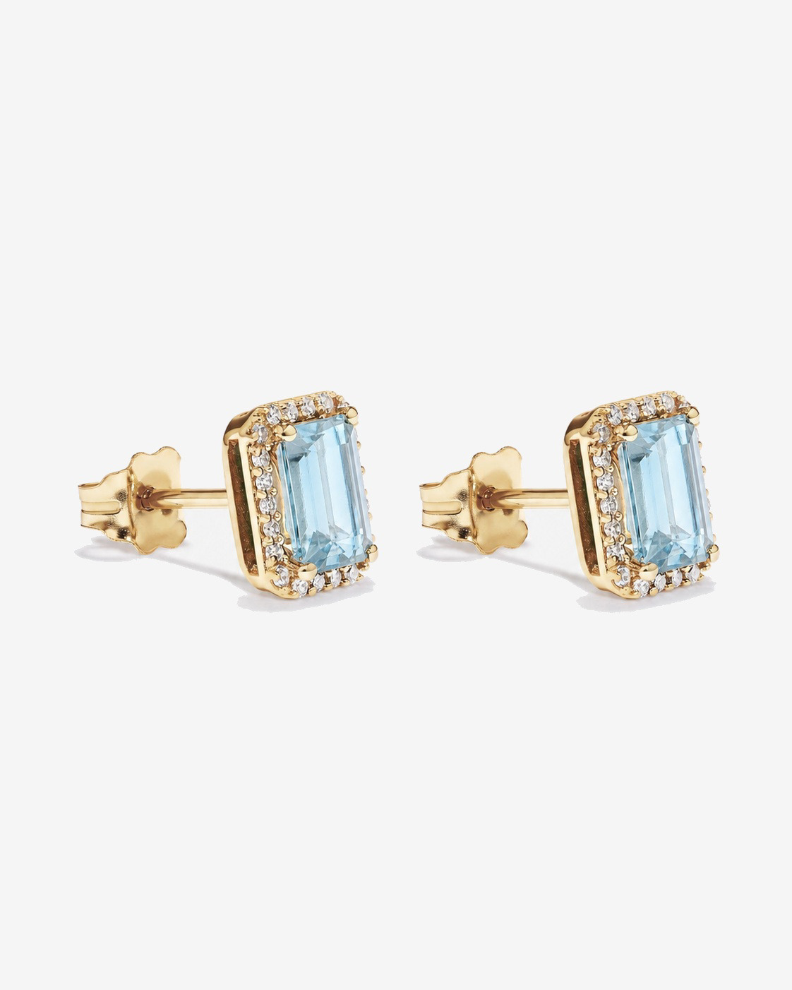 Boucles d'oreilles halo Aigue-marine taille émeraude avec diamants en or jaune 10 ct