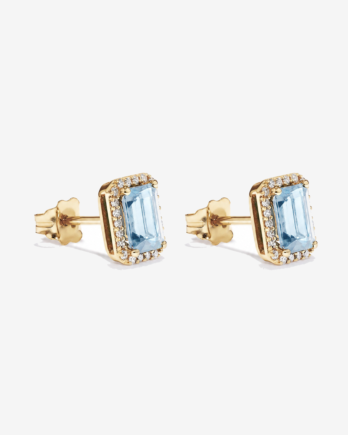 Emerald Cut Aquamarine and Diamond Halo Earrings in 10kt Yellow Gold