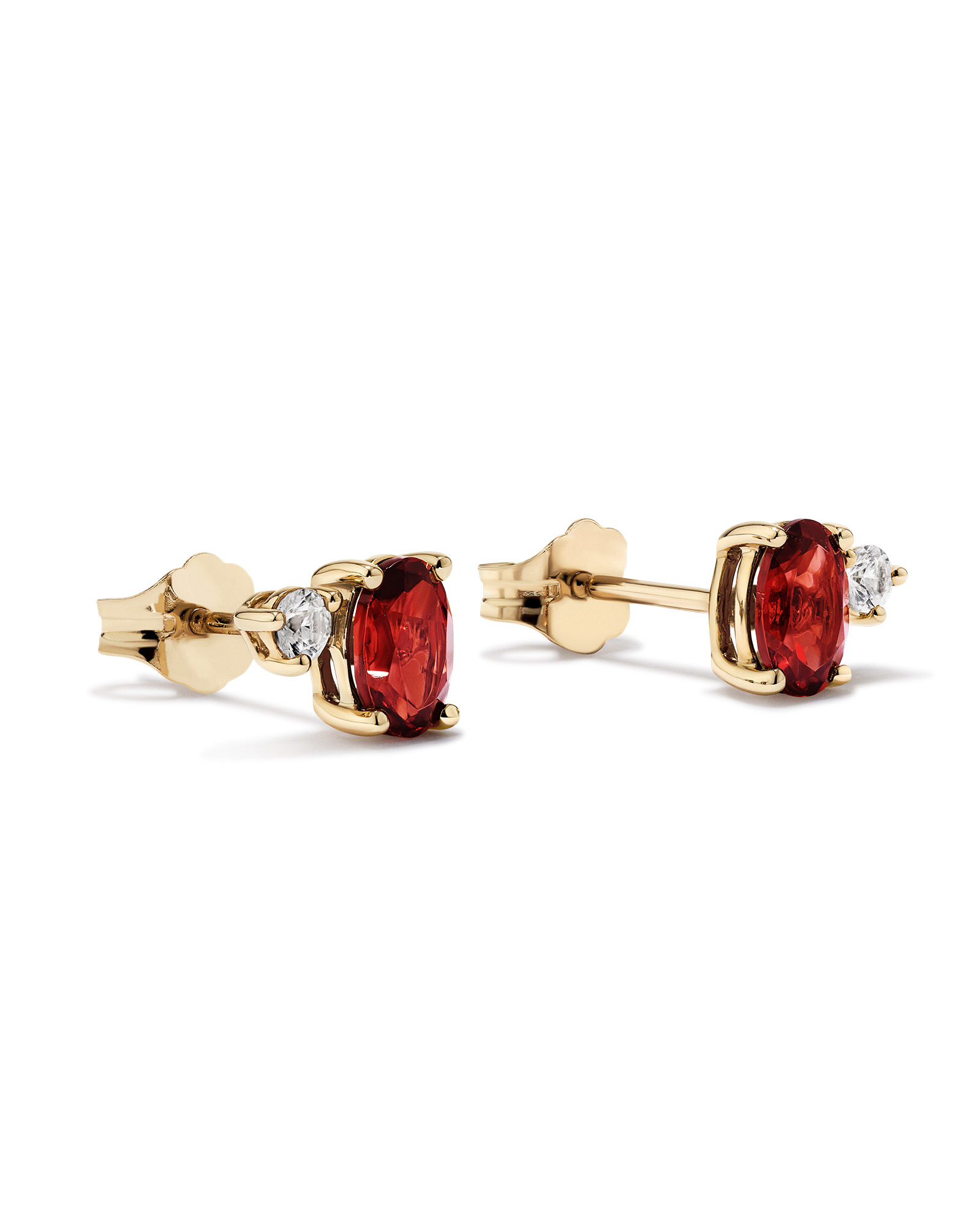 Round White Sapphire and Oval-Cut Garnet Toi Et Moi Stud Earrings in 10kt Yellow Gold