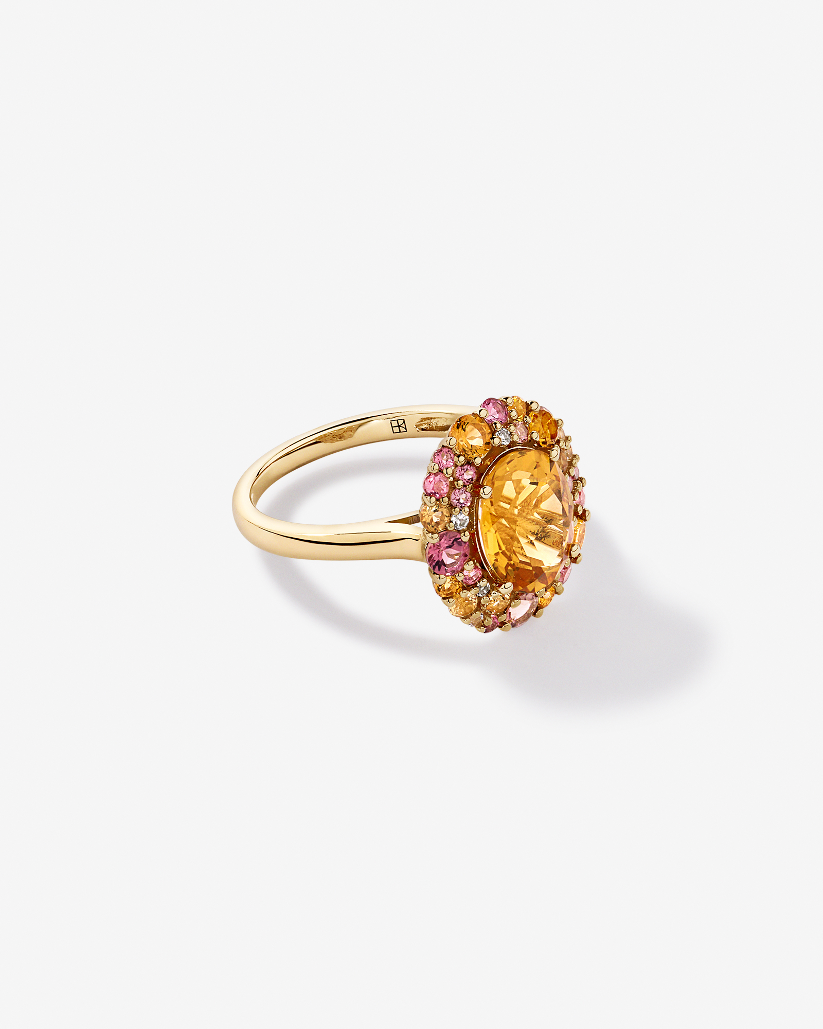 Oval Cut Citrine, Pink Tourmaline & White Topaz Halo Ring 10kt Yellow Gold
