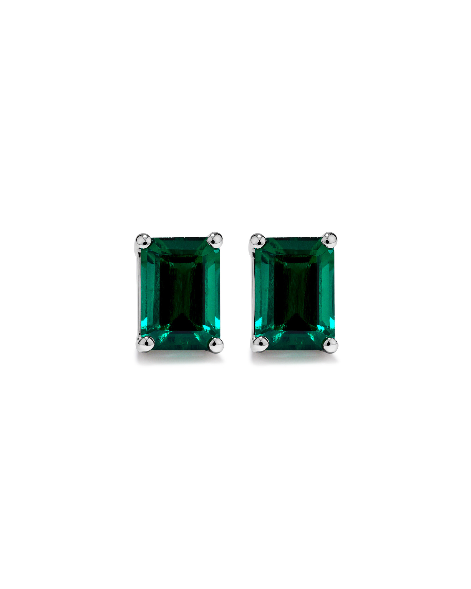 Emerald Cut Green Created Emerald Gemstone Stud Earrings and Pendant Necklace Set in Sterling Silver