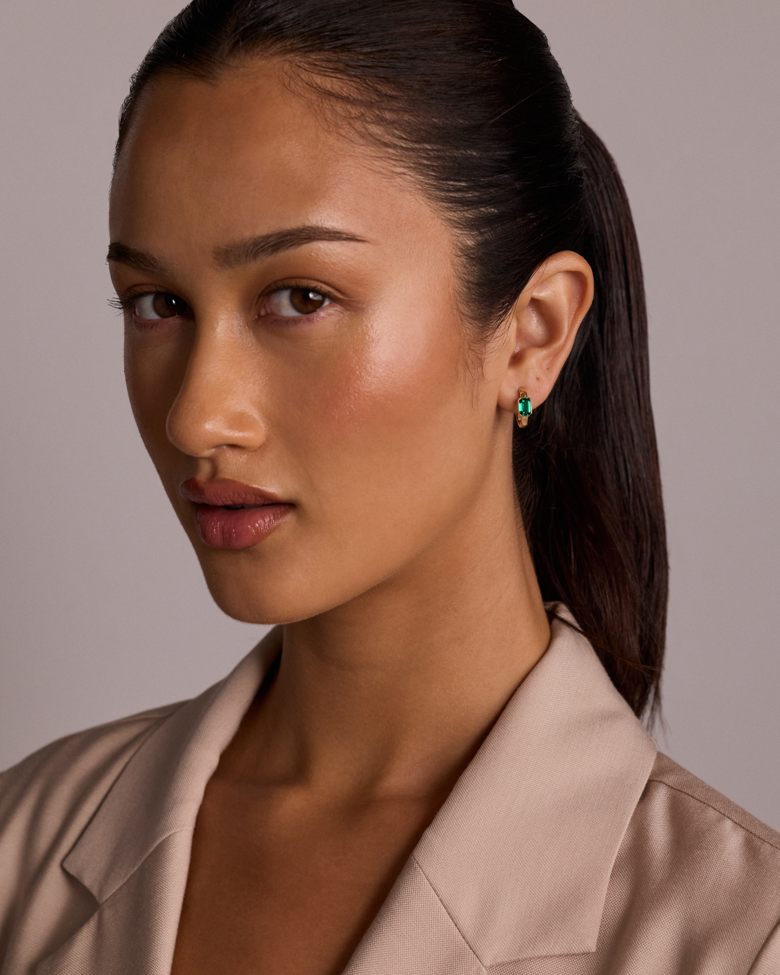 Created Emerald Bezel Huggie Earrings in 10kt Yellow Gold