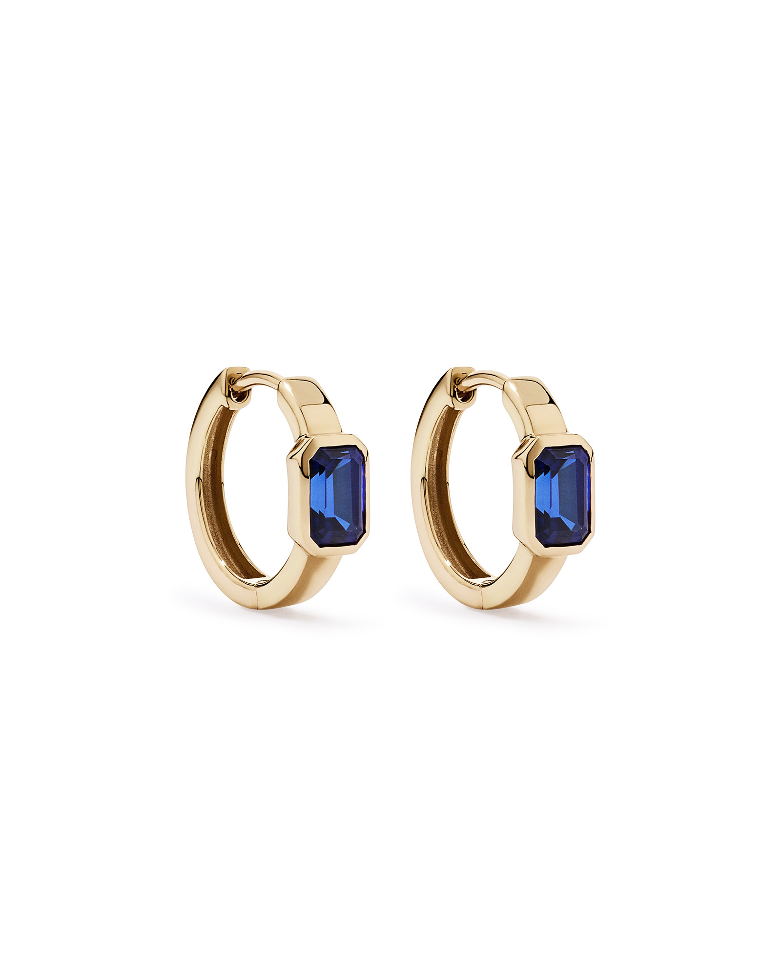 Created Sapphire Bezel Huggie Earrings in 10kt Yellow Gold