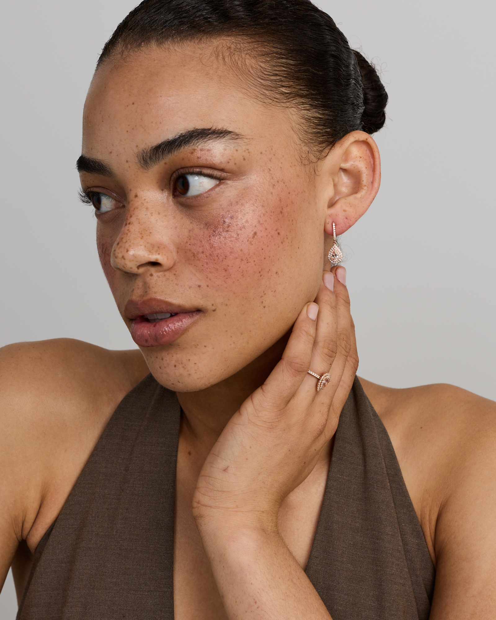 Pear Cut Morganite Gemstone and 0.40 Carat TW Diamond Halo Huggie Drop Earrings in 10kt Rose Gold