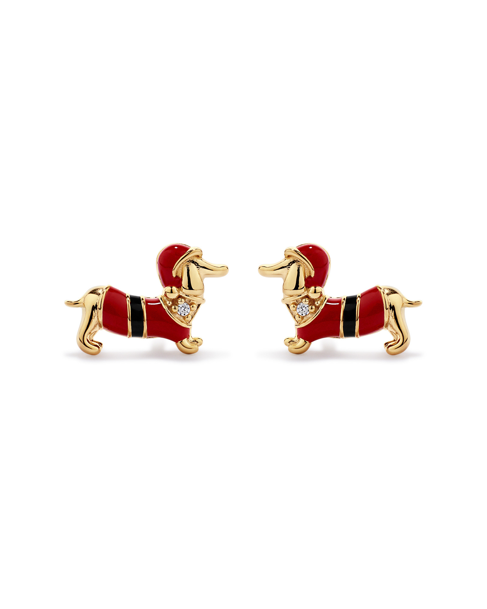 Dachshund Christmas Stud Earrings with Cubic Zirconia in 18kt Yellow Gold Vermeil