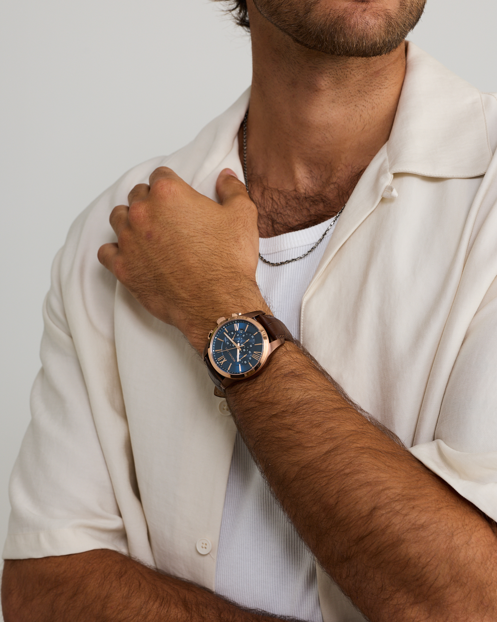 Men's Chronograph Watch in Rose Tone Stainless Steel and Brown Leather