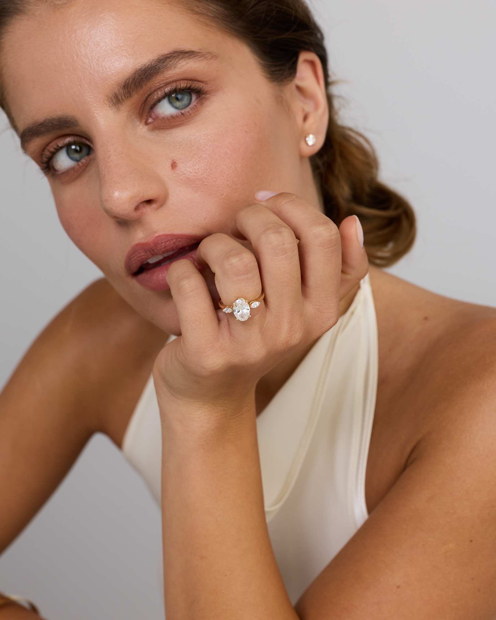 2.18 Carat TW Laboratory-Grown Diamond Oval and Marquise Three-Stone Ring 14kt Yellow Gold