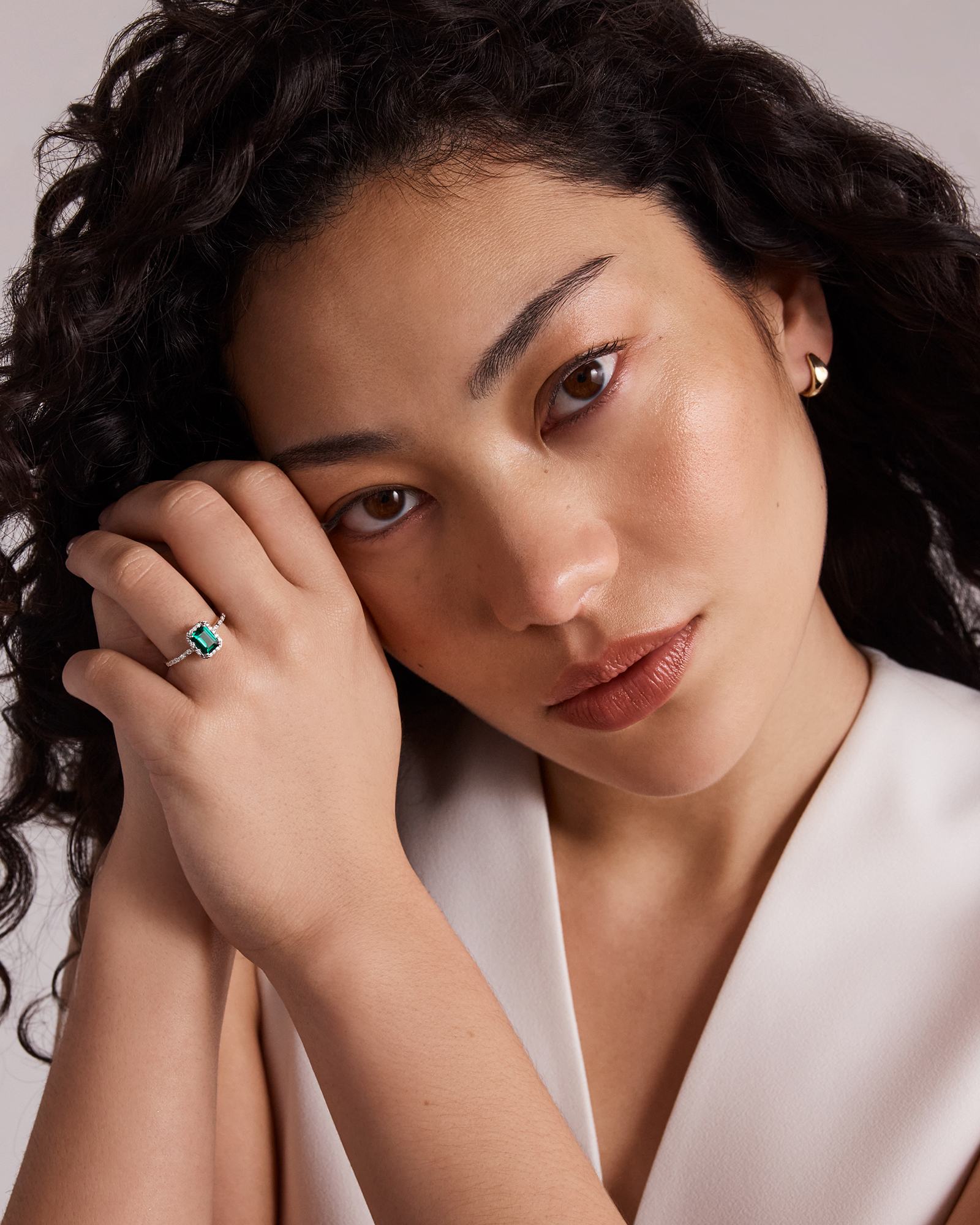 Emerald Cut Green Created Emerald and Lab-Grown Diamond Halo Ring in 10kt Yellow Gold and Rhodium