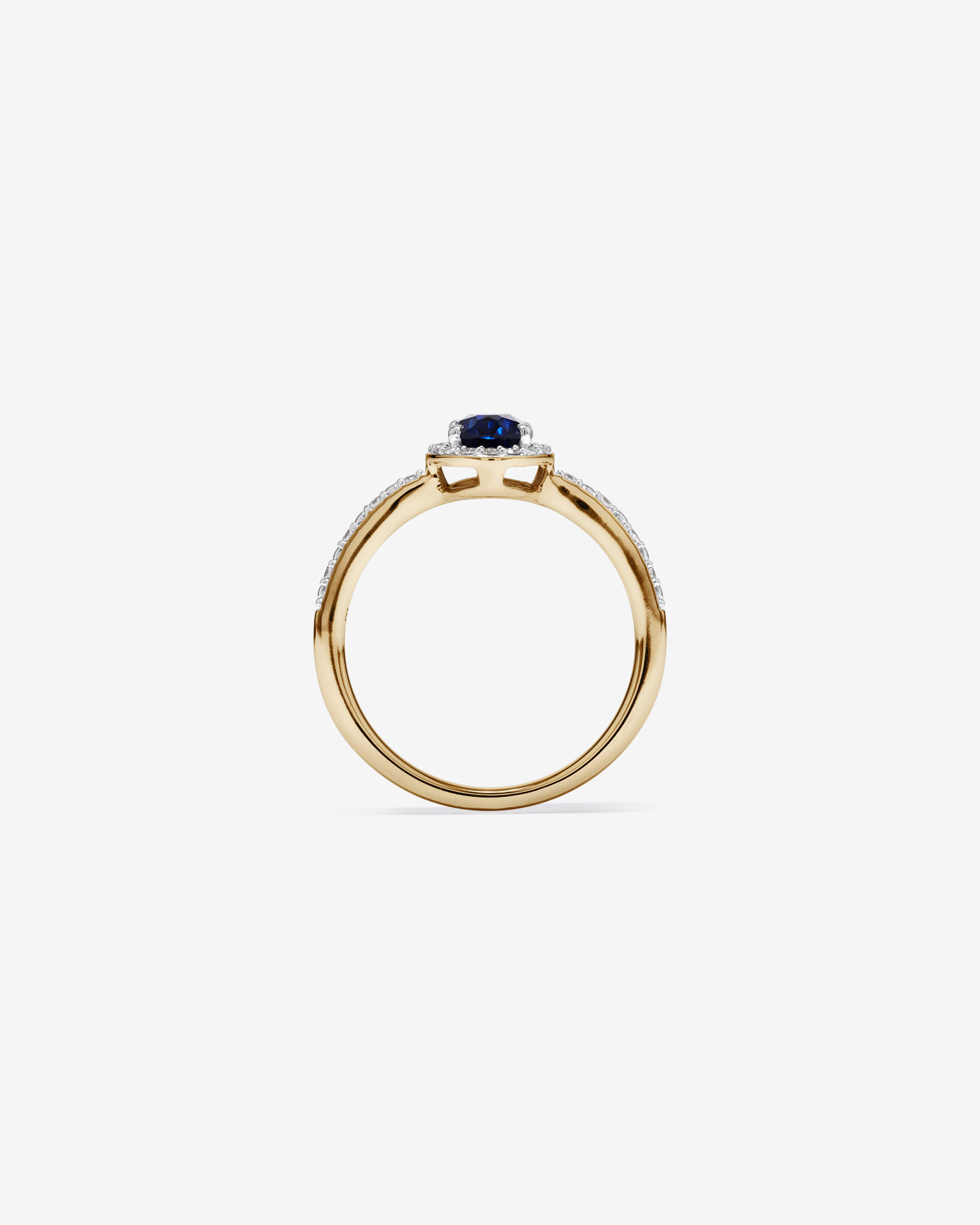 Bague Halo En Or Jaune 10 Carats Et Rhodium Avec Saphir Synthétique Bleu Taille Ovale Et Diamant De Laboratoire