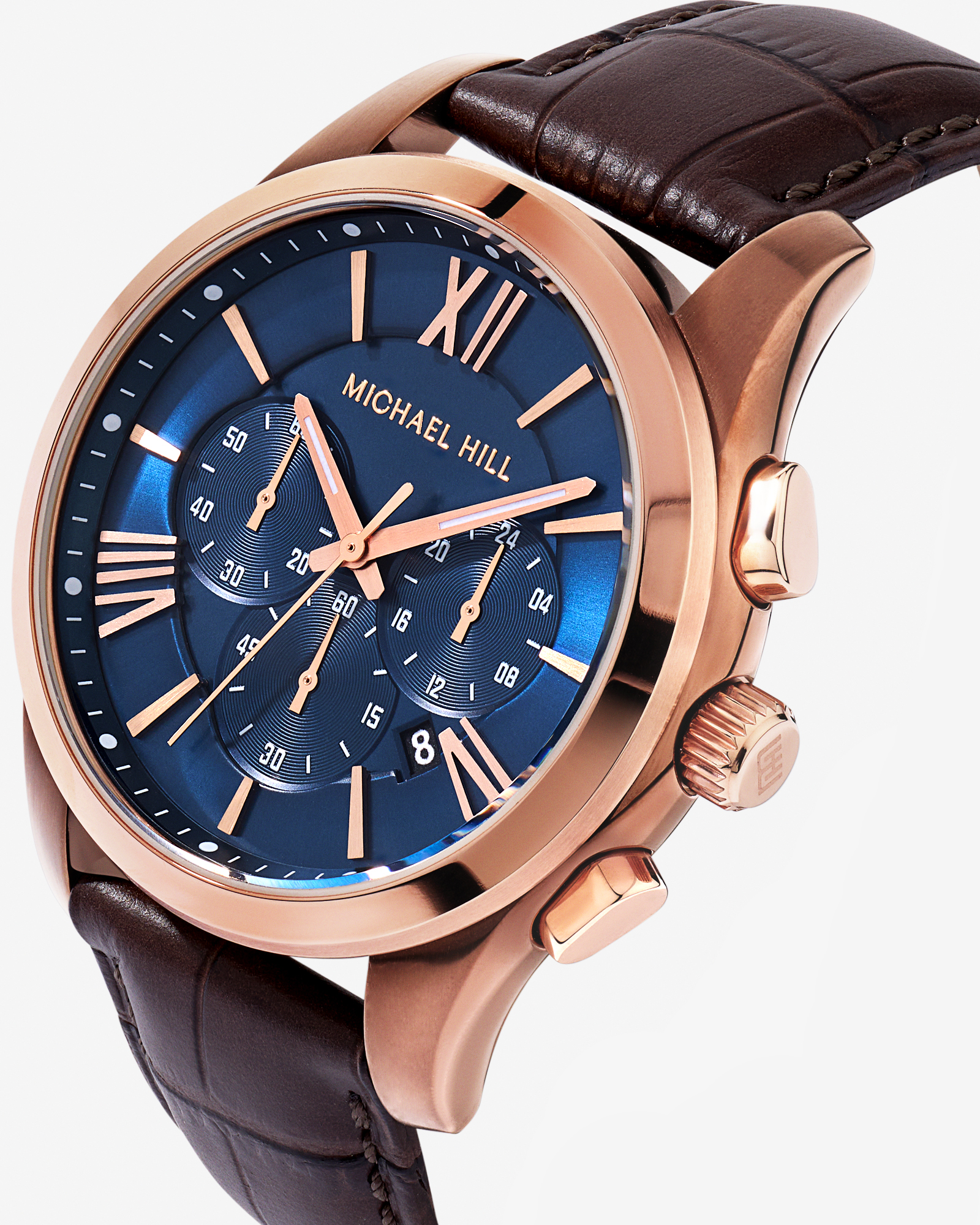 Montre chronographe pour homme en acier inoxydable rose et cuir marron