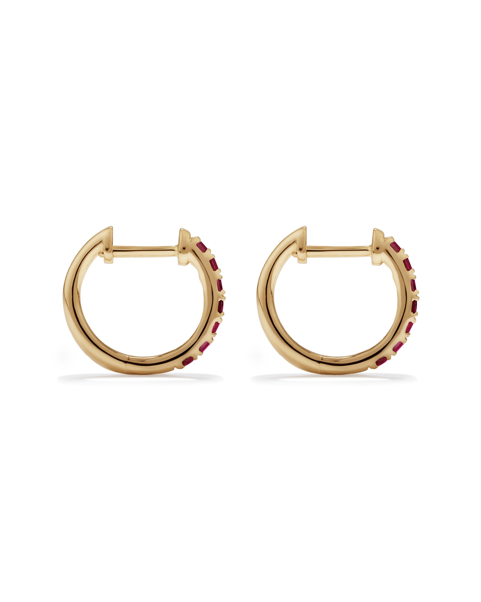 Ruby Huggie Hoop Earrings in 10kt Yellow Gold