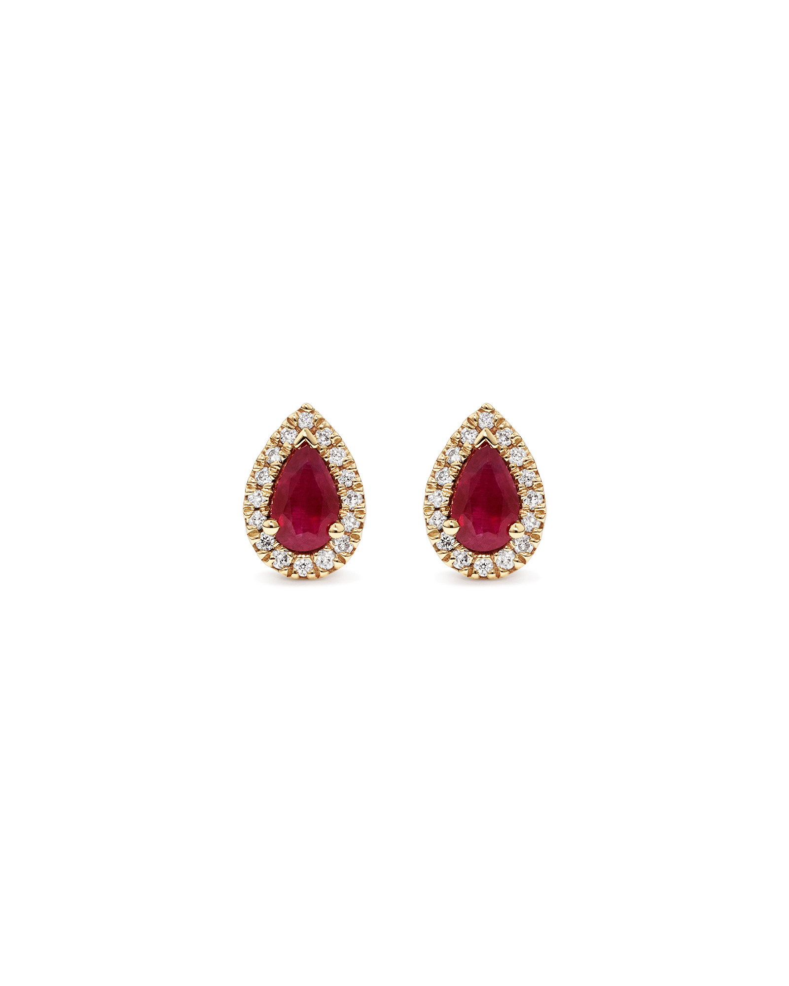 Boucles d'Oreilles Clous Halo en Pierre Précieuse Rubis Rouge Taille Poire et 0,09 Carat TW Diamant en Or Jaune 10 kt