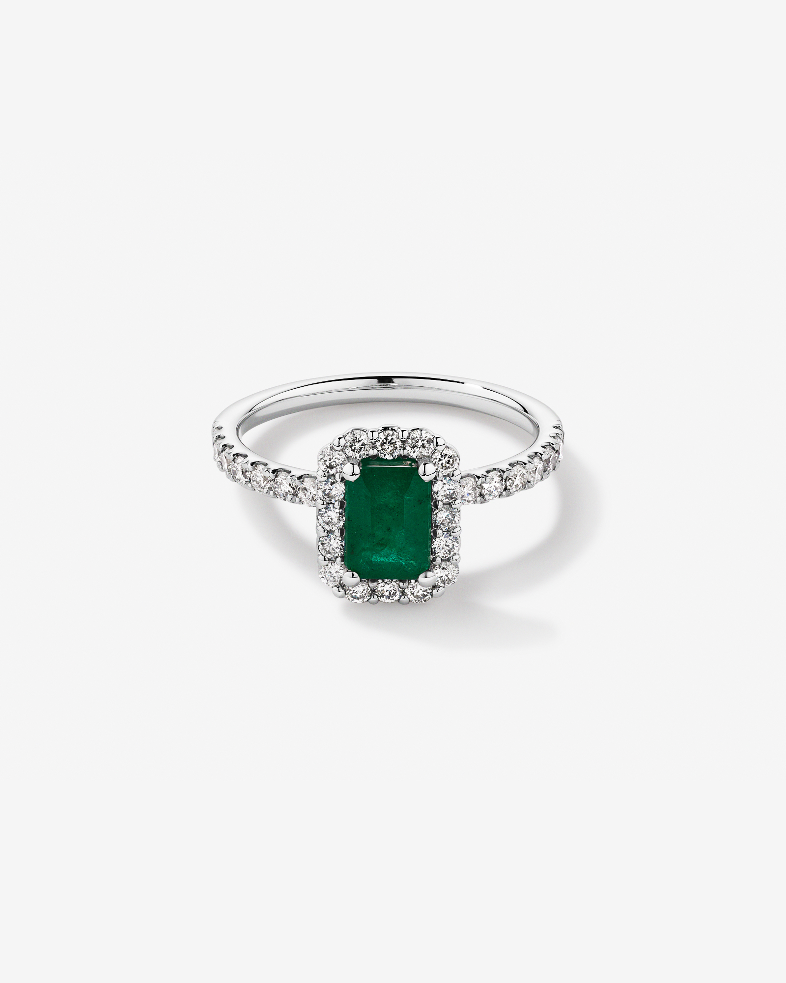 Bague Halo en Pierre Précieuse Émeraude Verte Taille Émeraude et 0,60 Carat TW Diamant en Or Blanc 14 kt