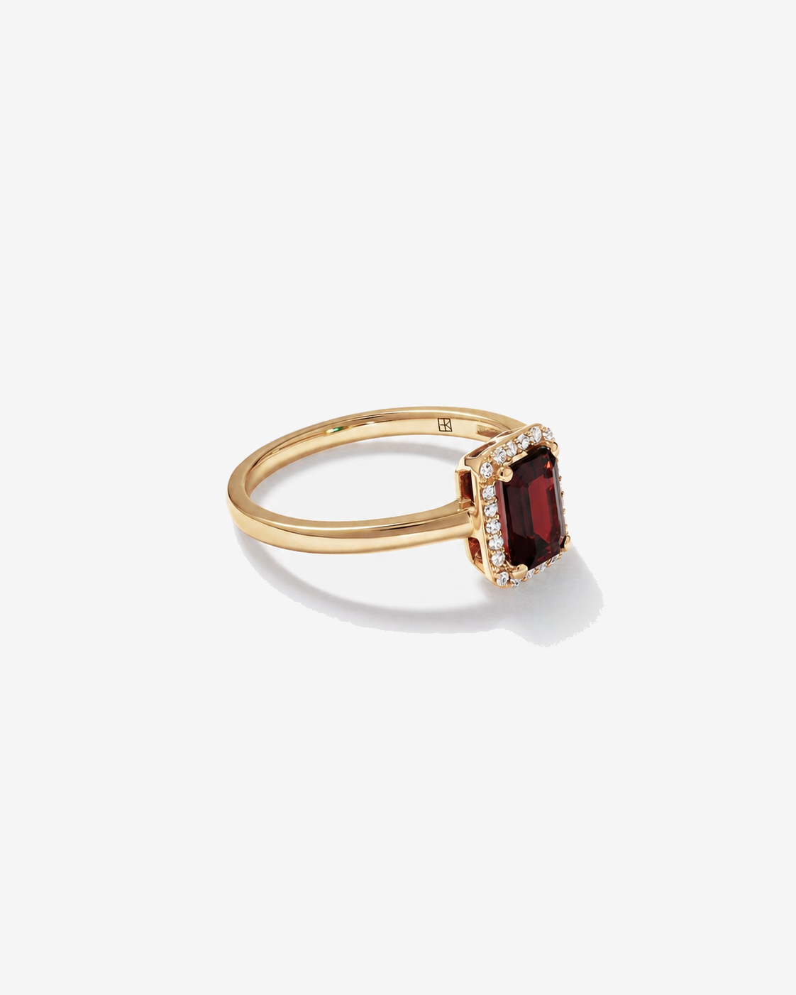 Emerald Cut Garnet and Diamond Halo Ring 10kt Yellow Gold