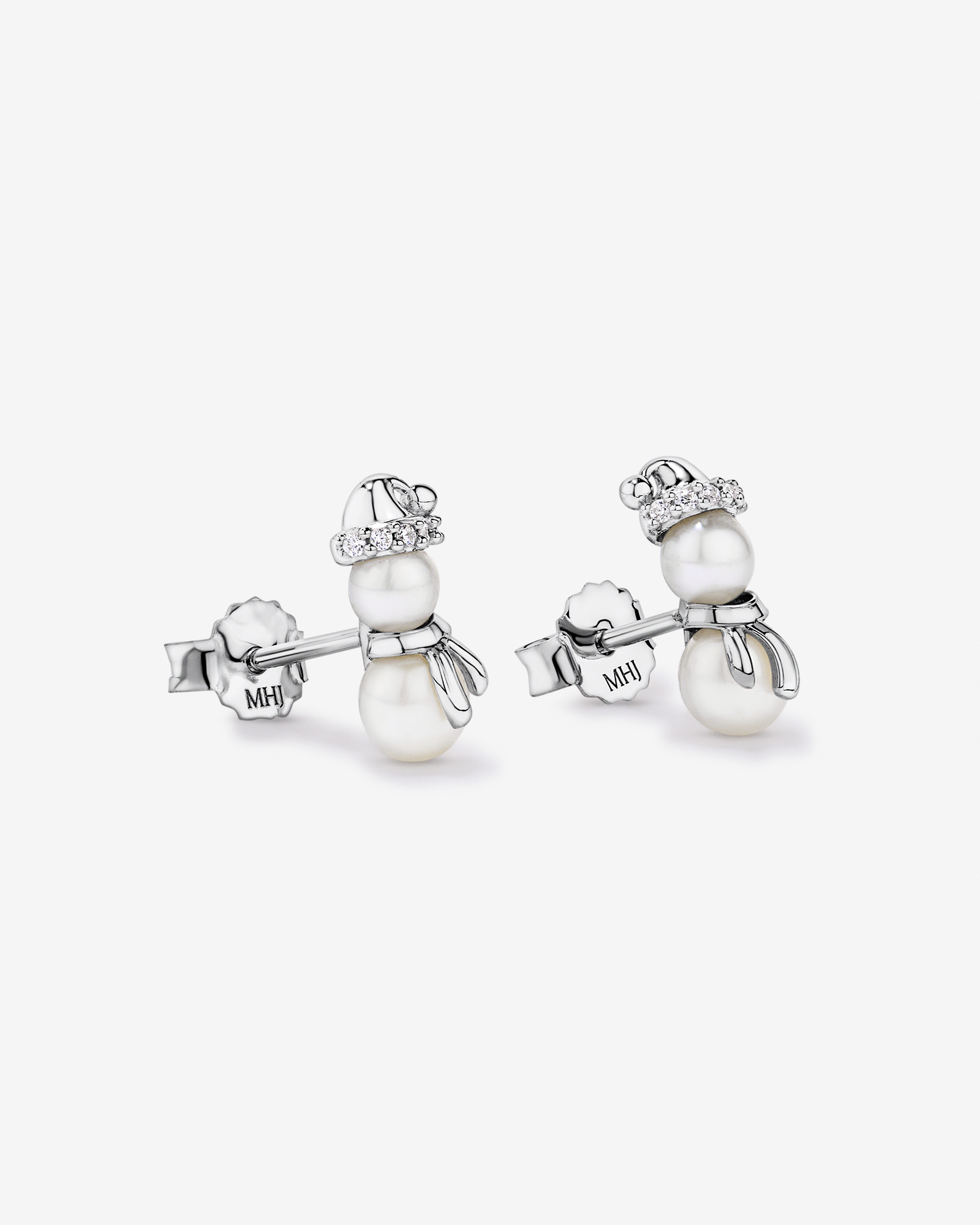 Cultured Freshwater Pearl and Cubic Zirconia Snowman Stud Earrings in Sterling Silver