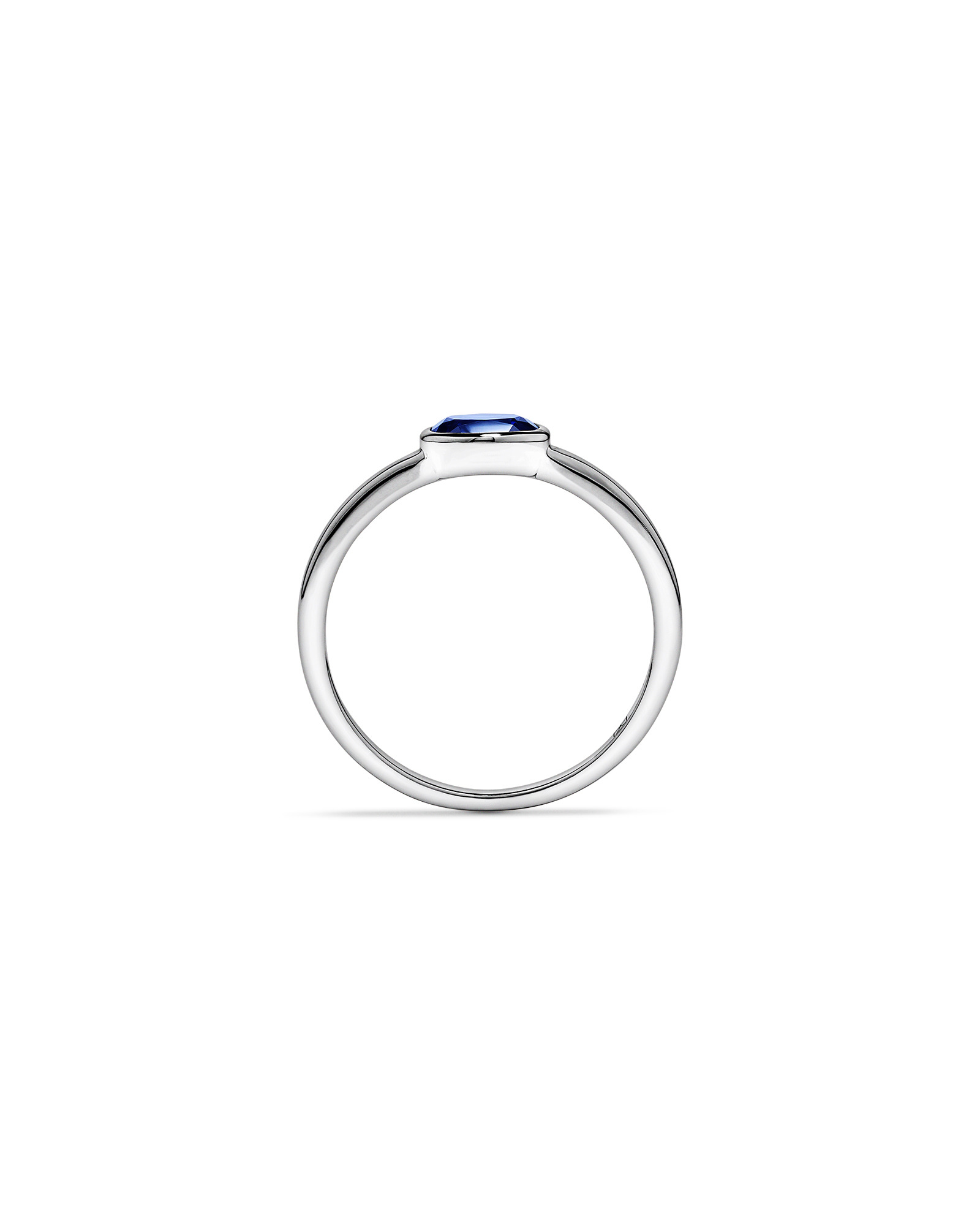 Oval Blue Created Sapphire East-to-West Set Bezel Ring 10kt Gold