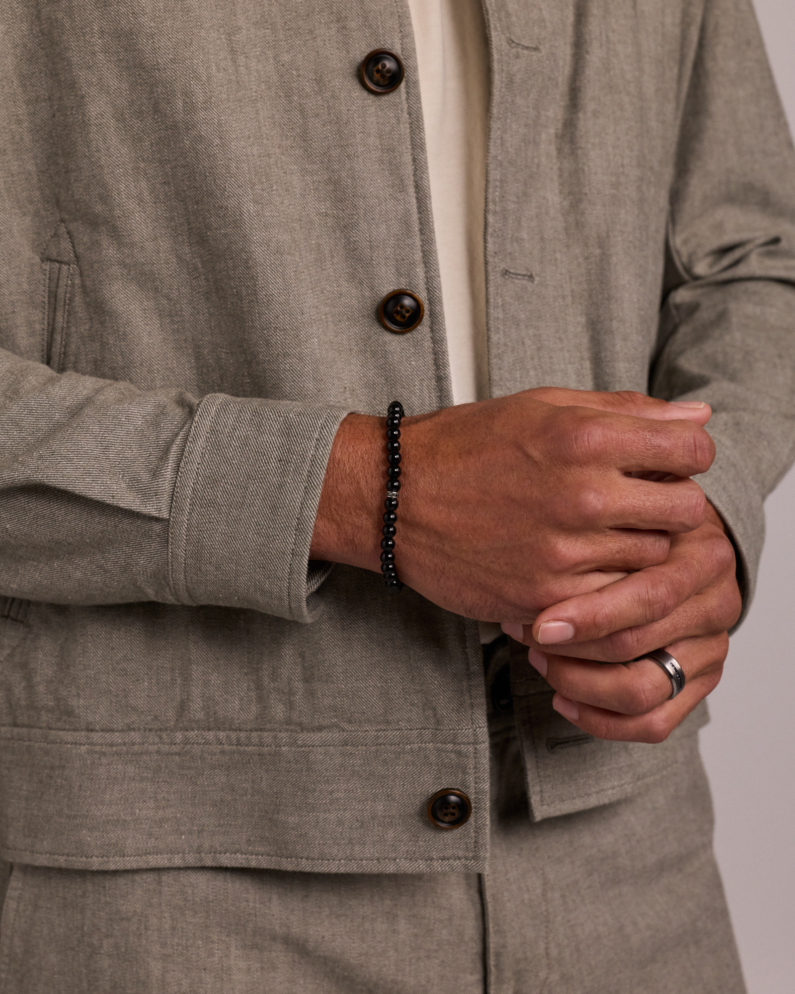 21cm Onyx Bead Bracelet with Black Diamond Rondel in Sterling Silver