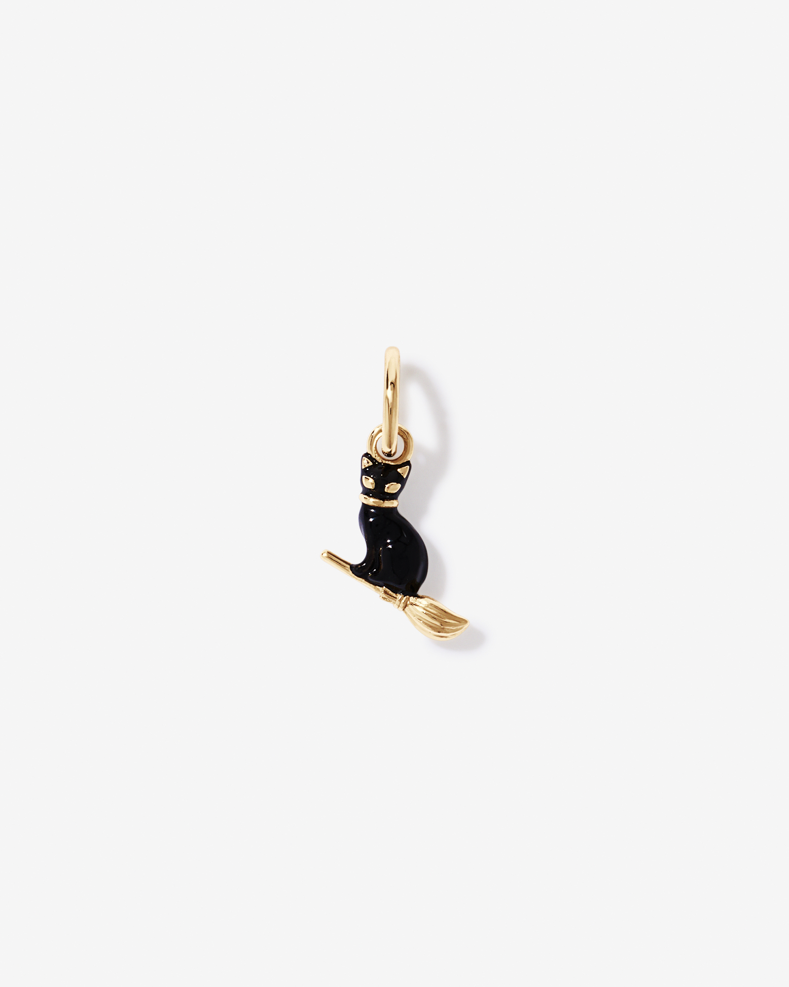 Cat on Broomstick Pendant with Black Enamel in 18kt Yellow Gold Vermeil
