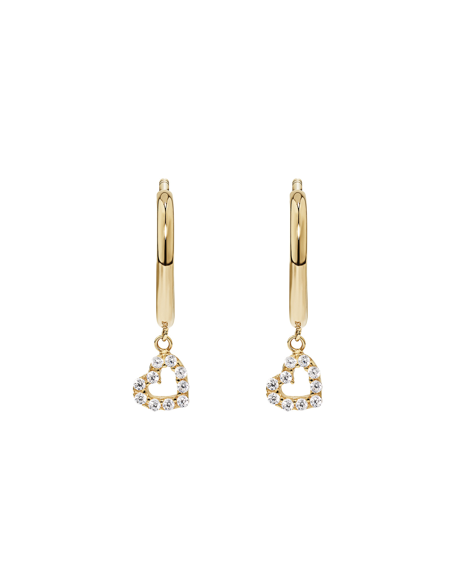 Cubic Zirconia Open Heart Charm Hoop Stud Earrings in 10kt Yellow Gold