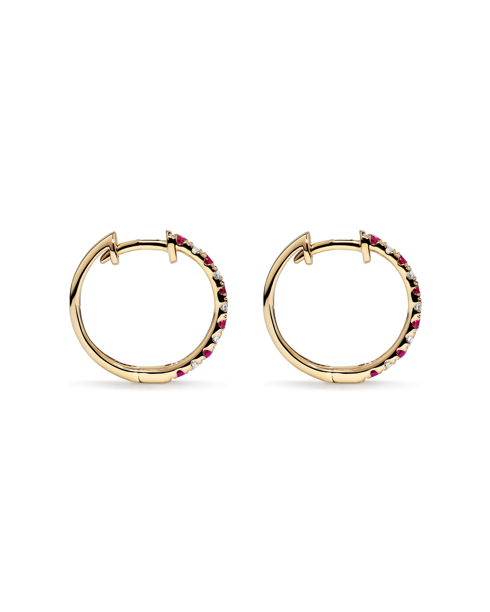 0.22 Carat TW Diamond and Created Ruby Huggie Hoop Earrings in 10kt Yellow Gold