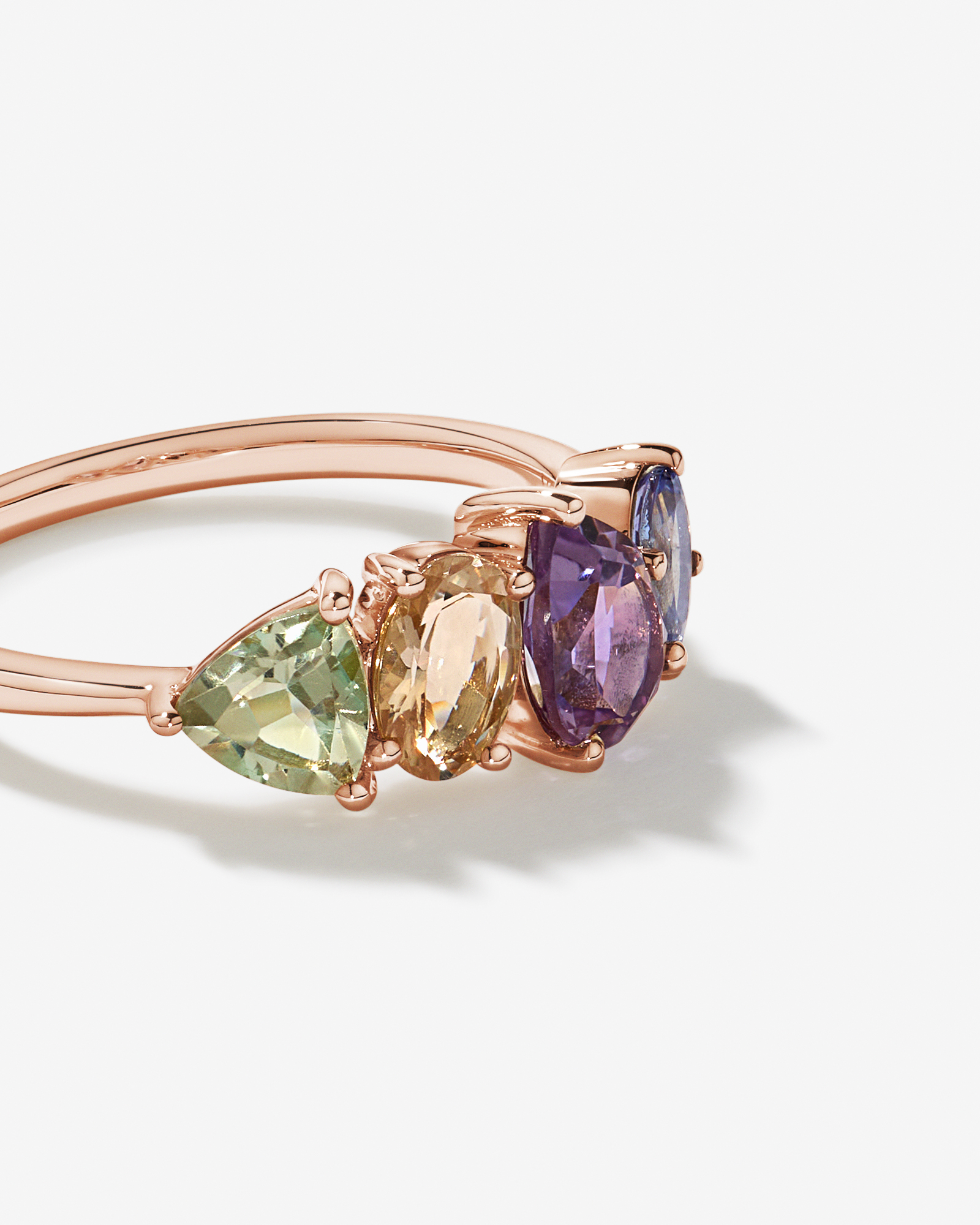 Bague multi-gemmes en améthyste verte, morganite, rose et tanzanite or 10 carats