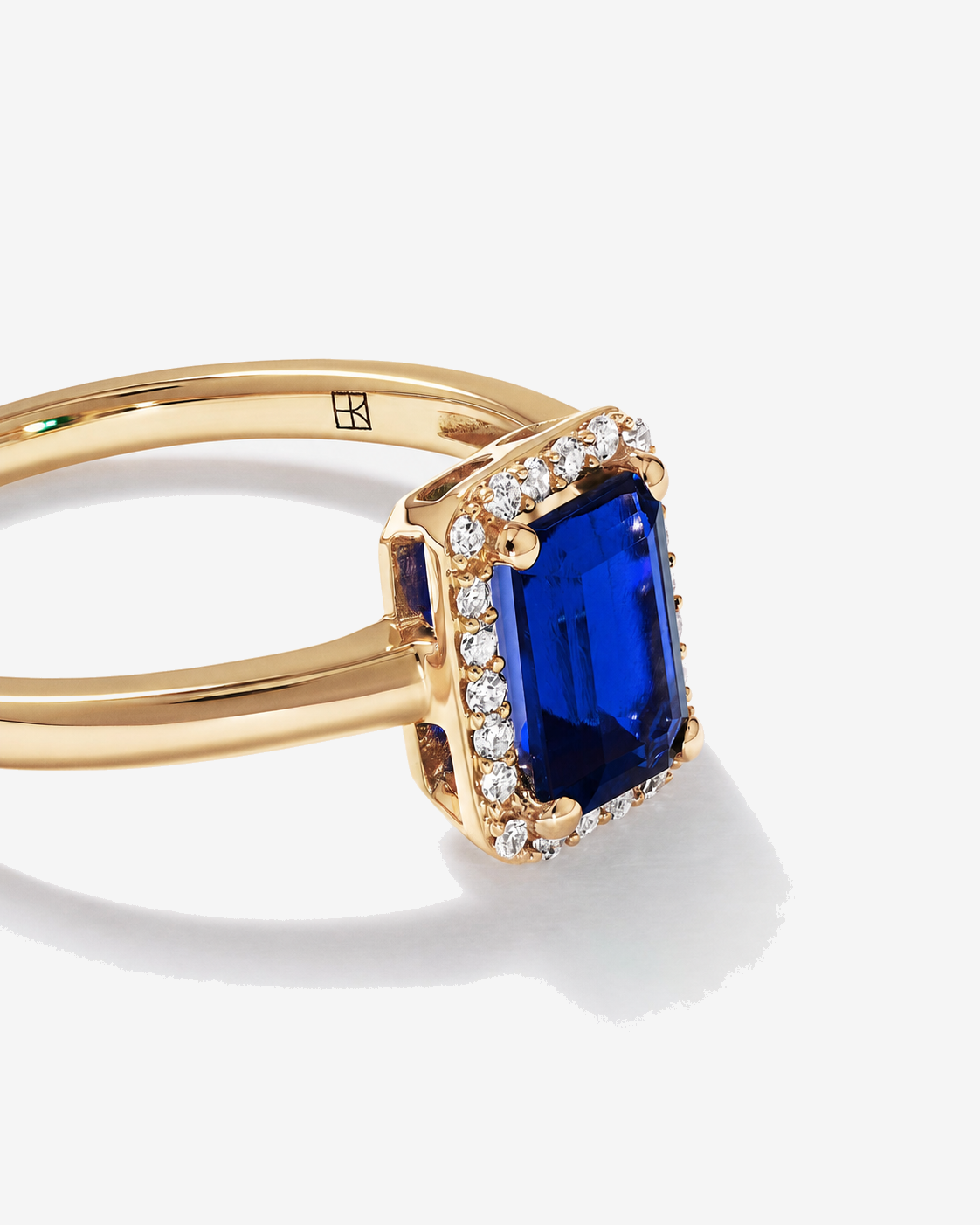 Emerald Cut Created Sapphire and Diamond Halo Ring 10kt Yellow Gold