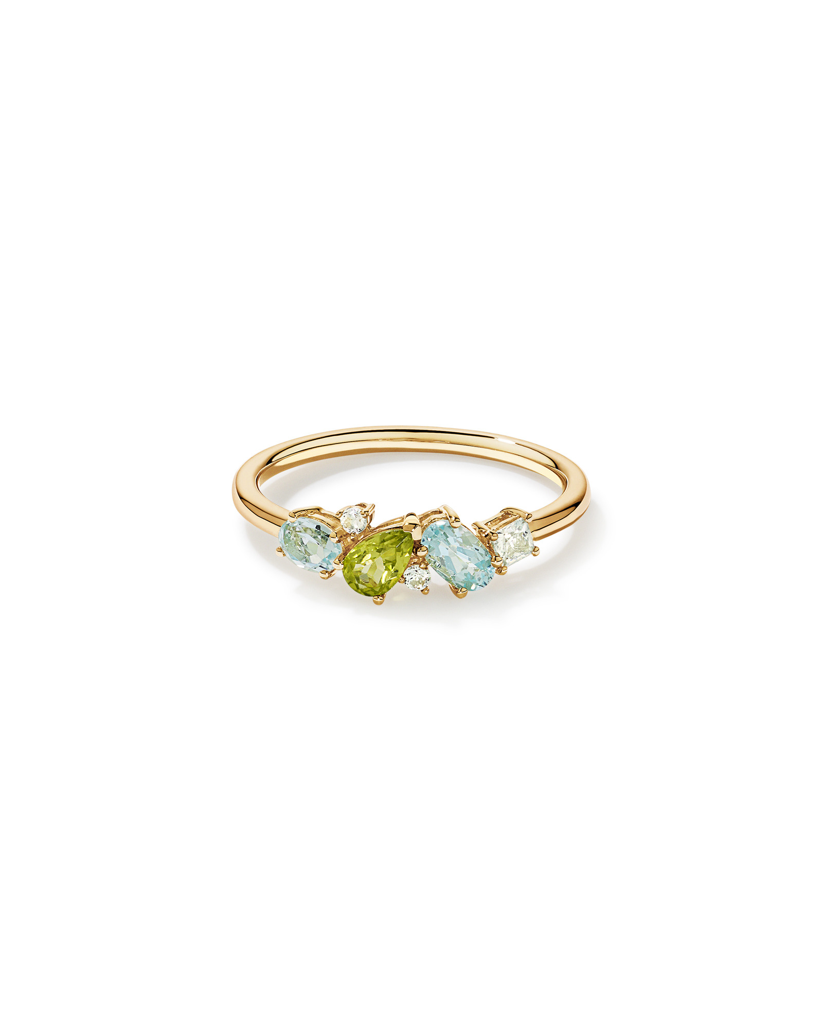 Péridot, topaze bleu ciel, améthyste verte et blanche anneau multigemstone en or jaune 10 carats