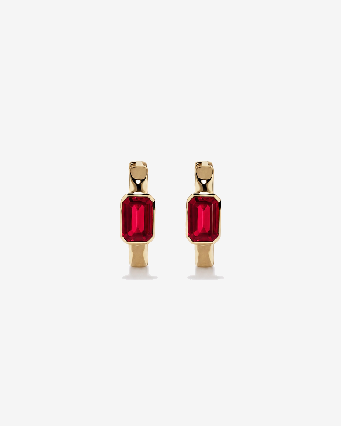 Created Ruby Bezel Huggie Earrings in 10kt Yellow Gold