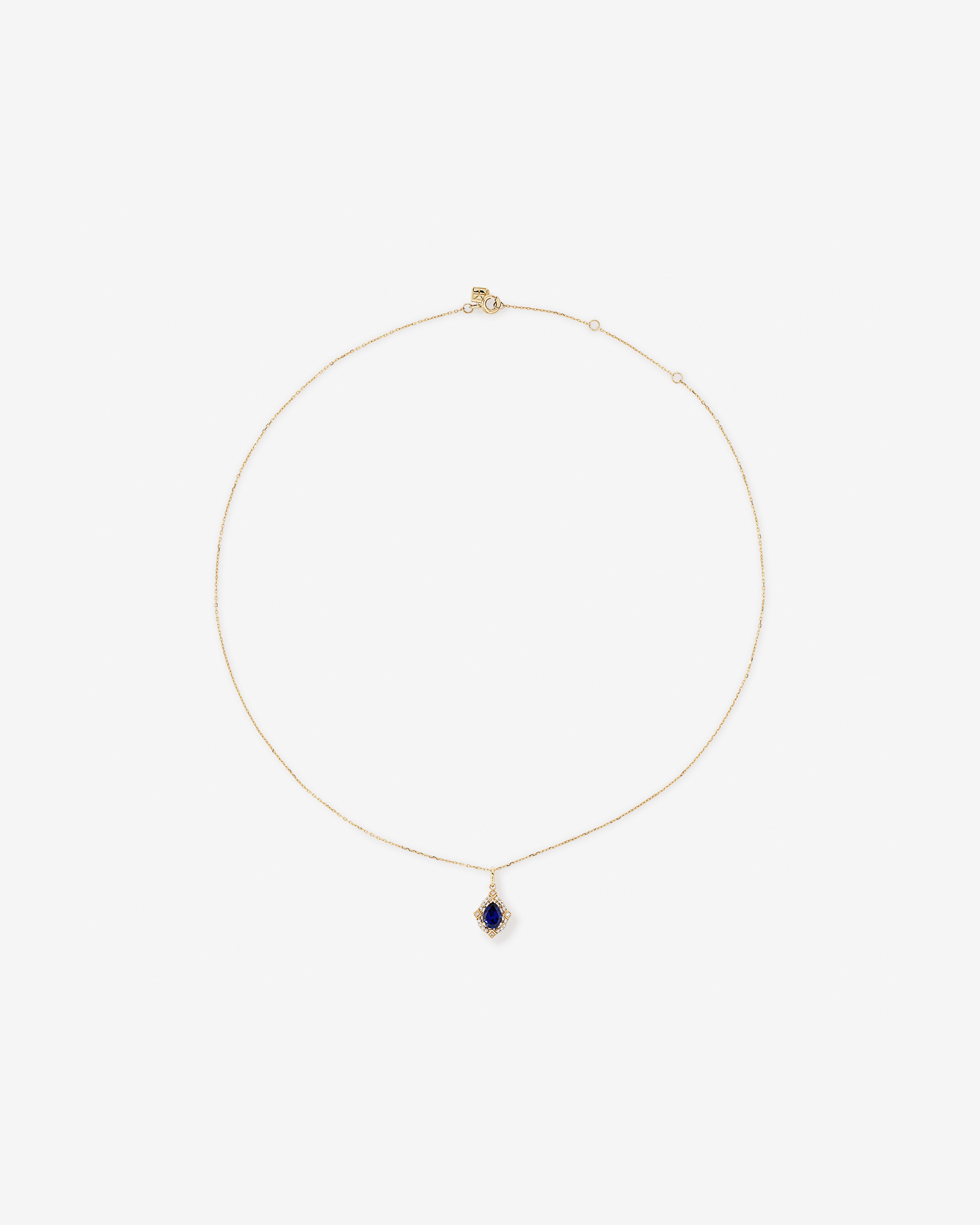 Pear Cut Created Sapphire and Diamond Halo Pendant Necklace in 10kt Yellow Gold