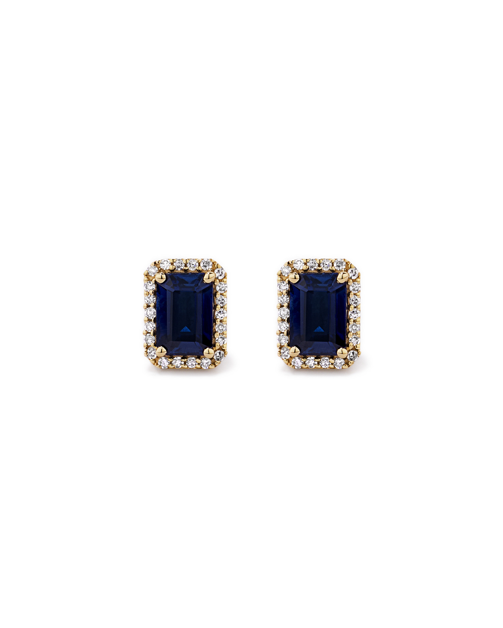 Emerald Cut Created Sapphire and Diamond Halo Earrings in 10kt Yellow Gold