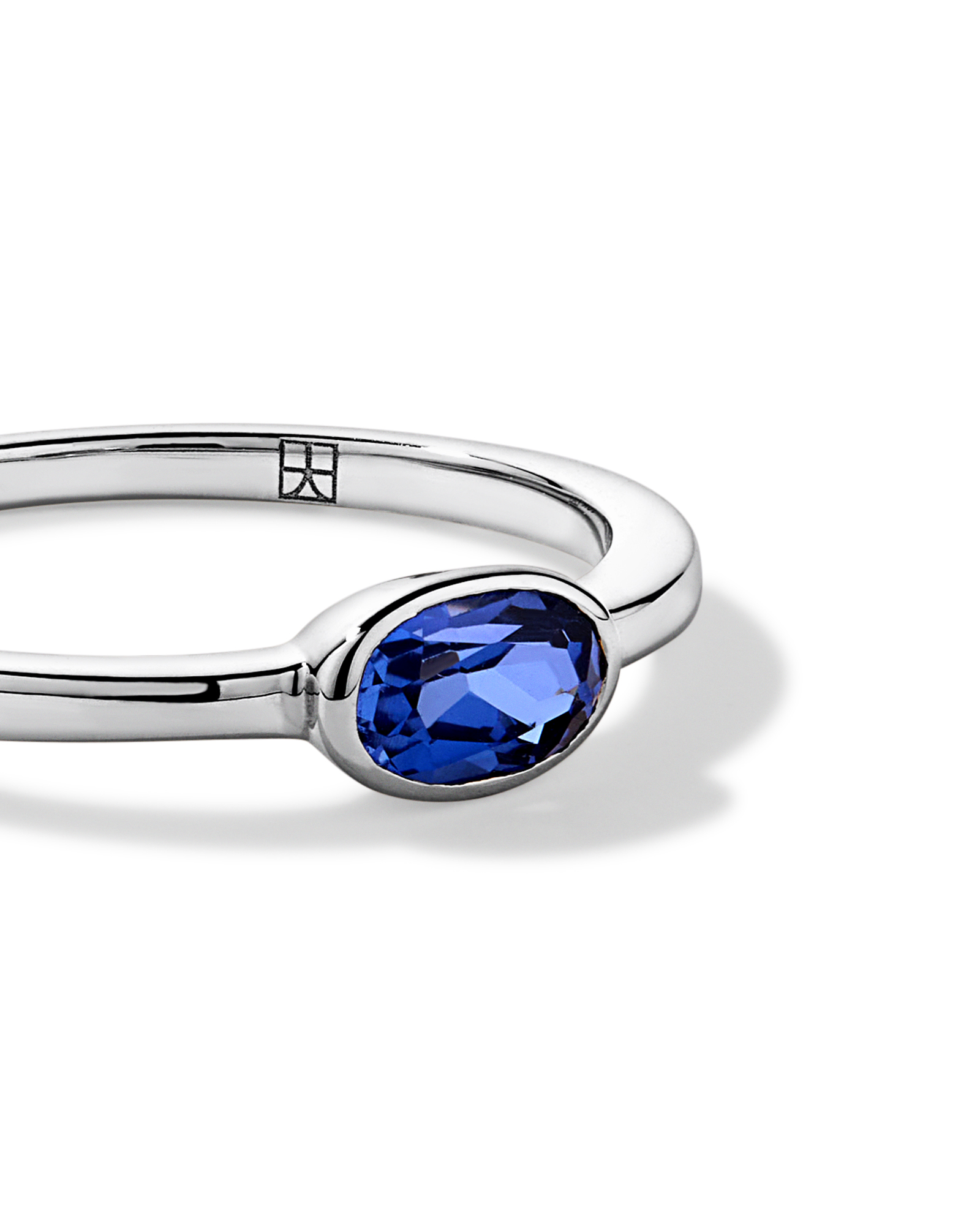 Oval Blue Created Sapphire East-to-West Set Bezel Ring 10kt Gold