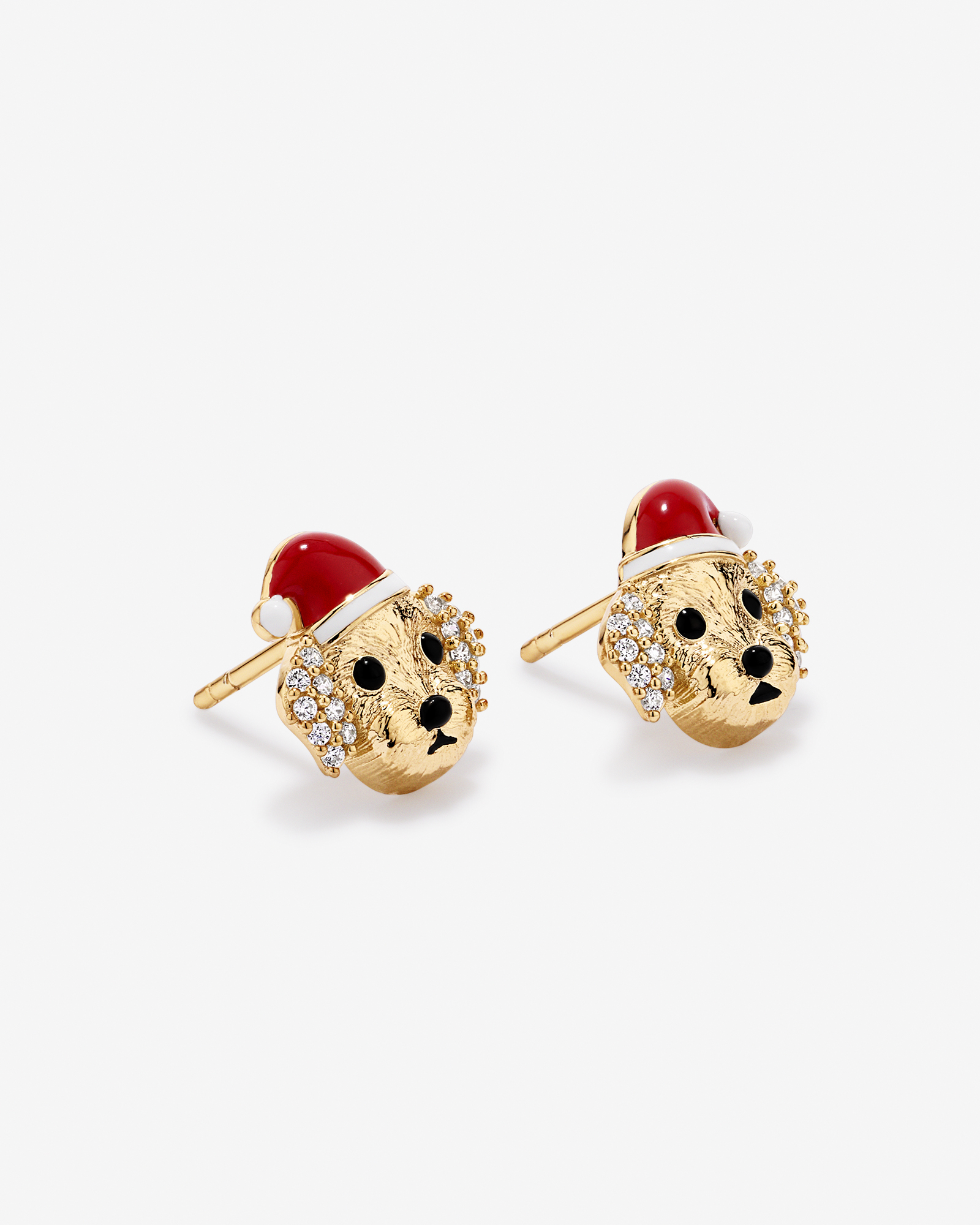 Christmas Puppy Stud Earrings with Cubic Zirconia in 18kt Yellow Gold Vermeil