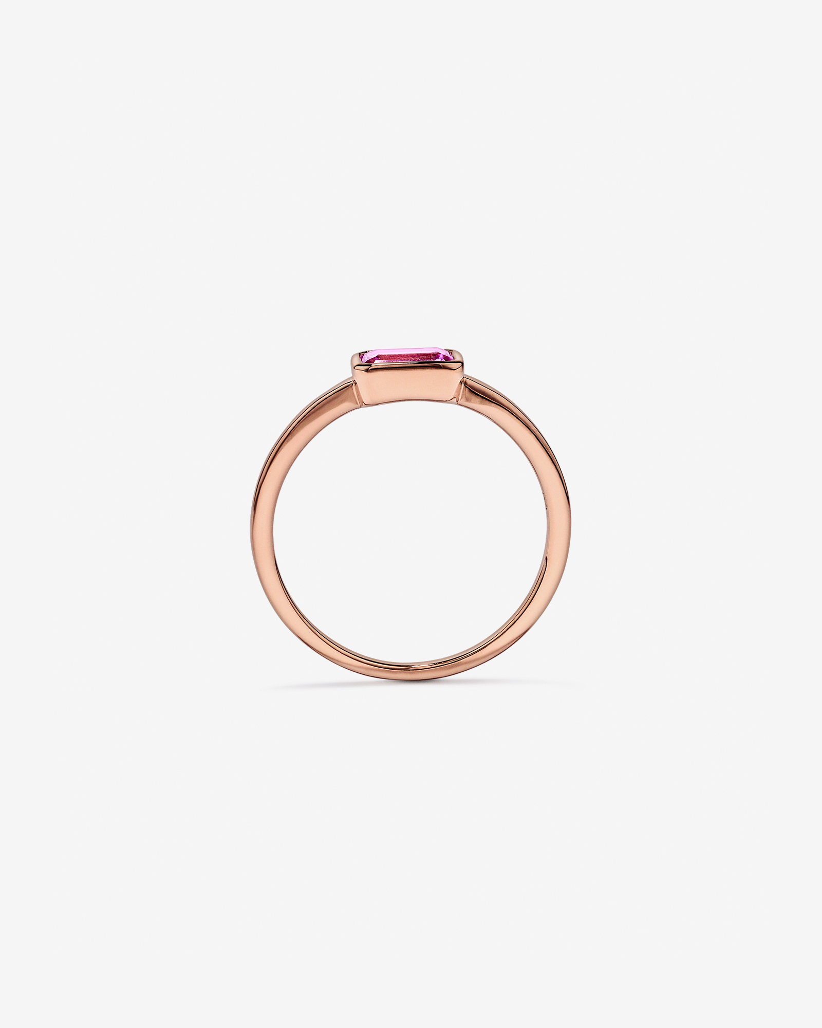 Emerald Cut Pink Created Sapphire East-to-West Set Bezel Ring 10kt Rose Gold
