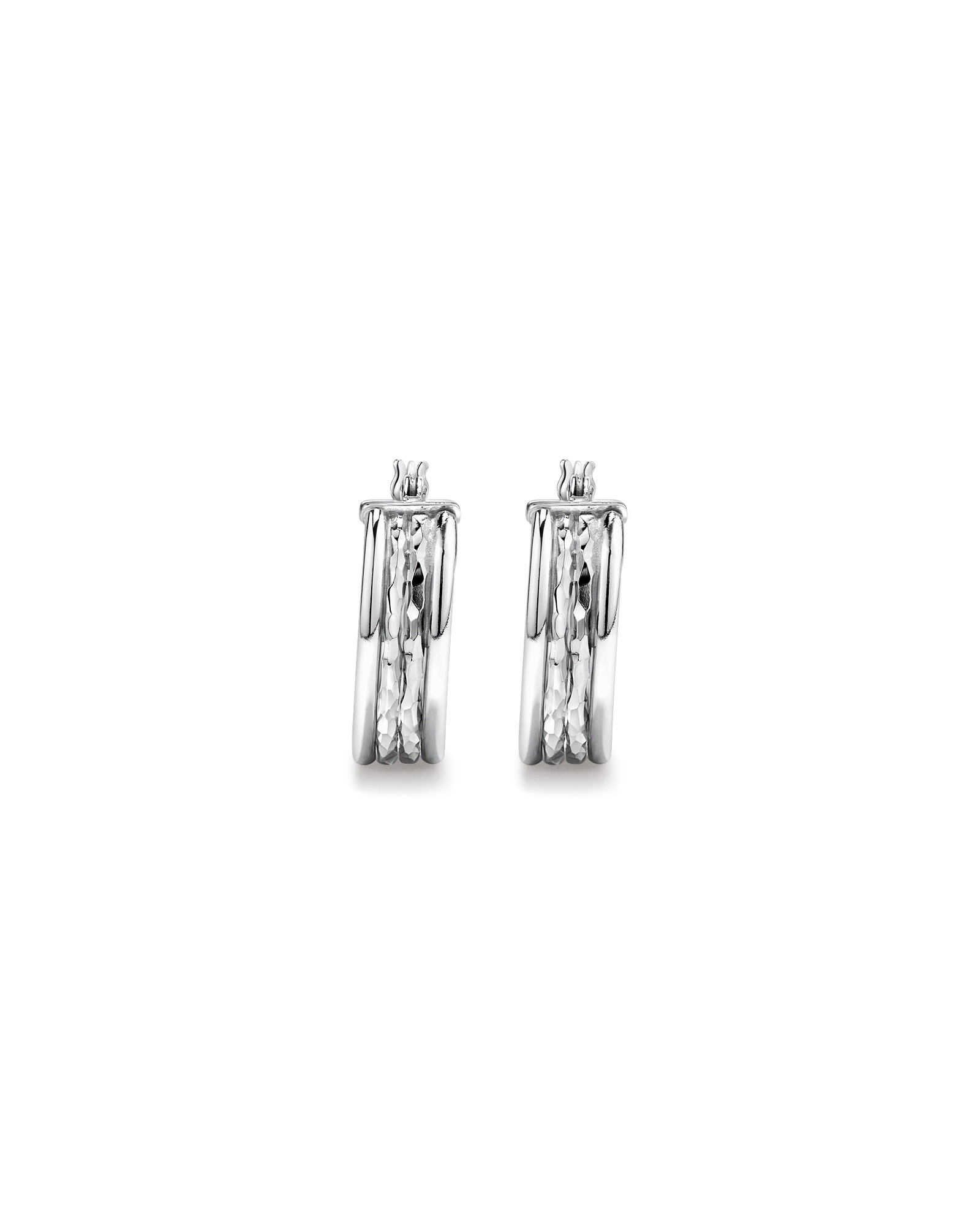 Four Row Diamond Cut and Smooth Hoop Earrings in Sterling Silver