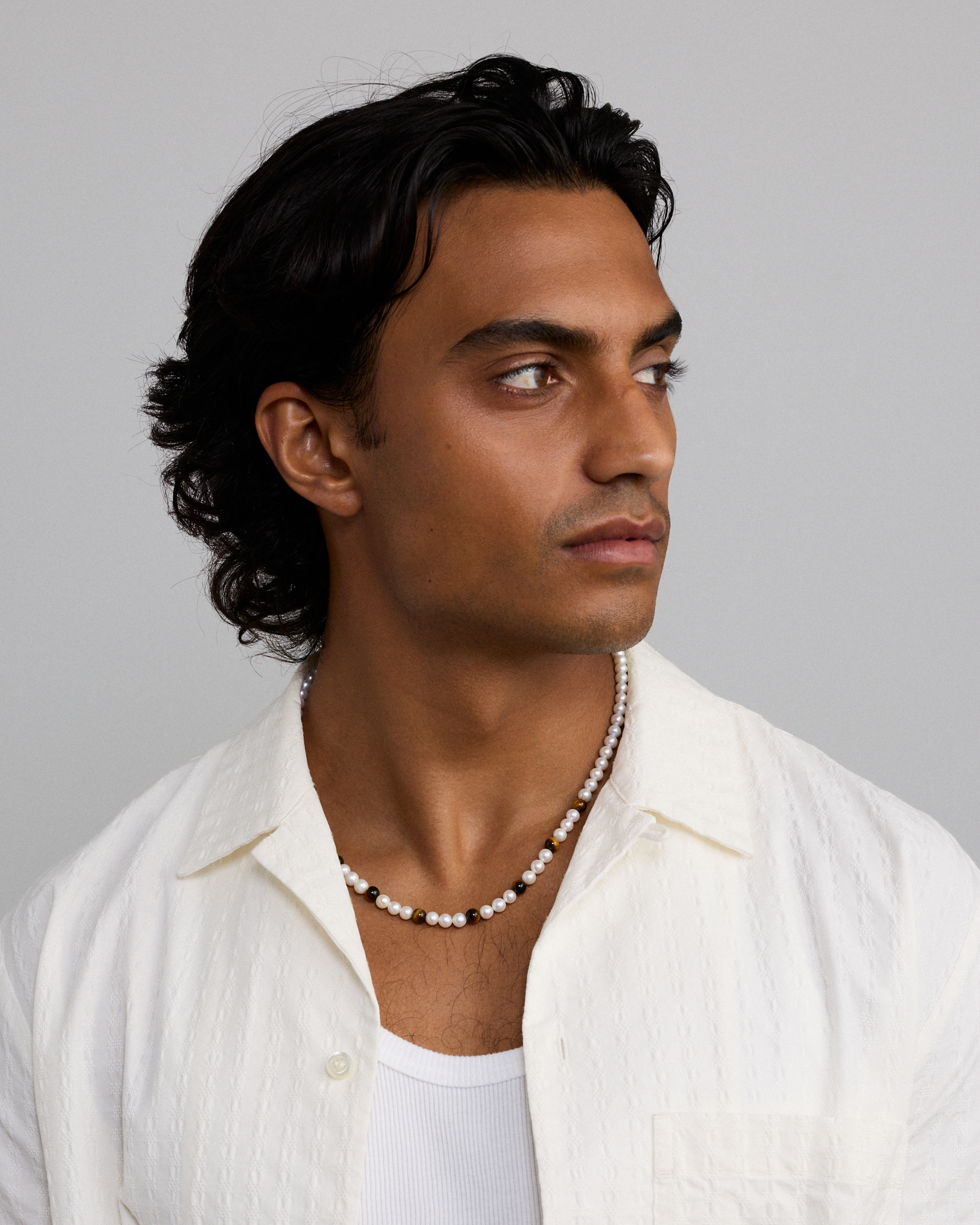 Cultured Freshwater Pearl & Tiger Eye Necklace in Sterling Silver